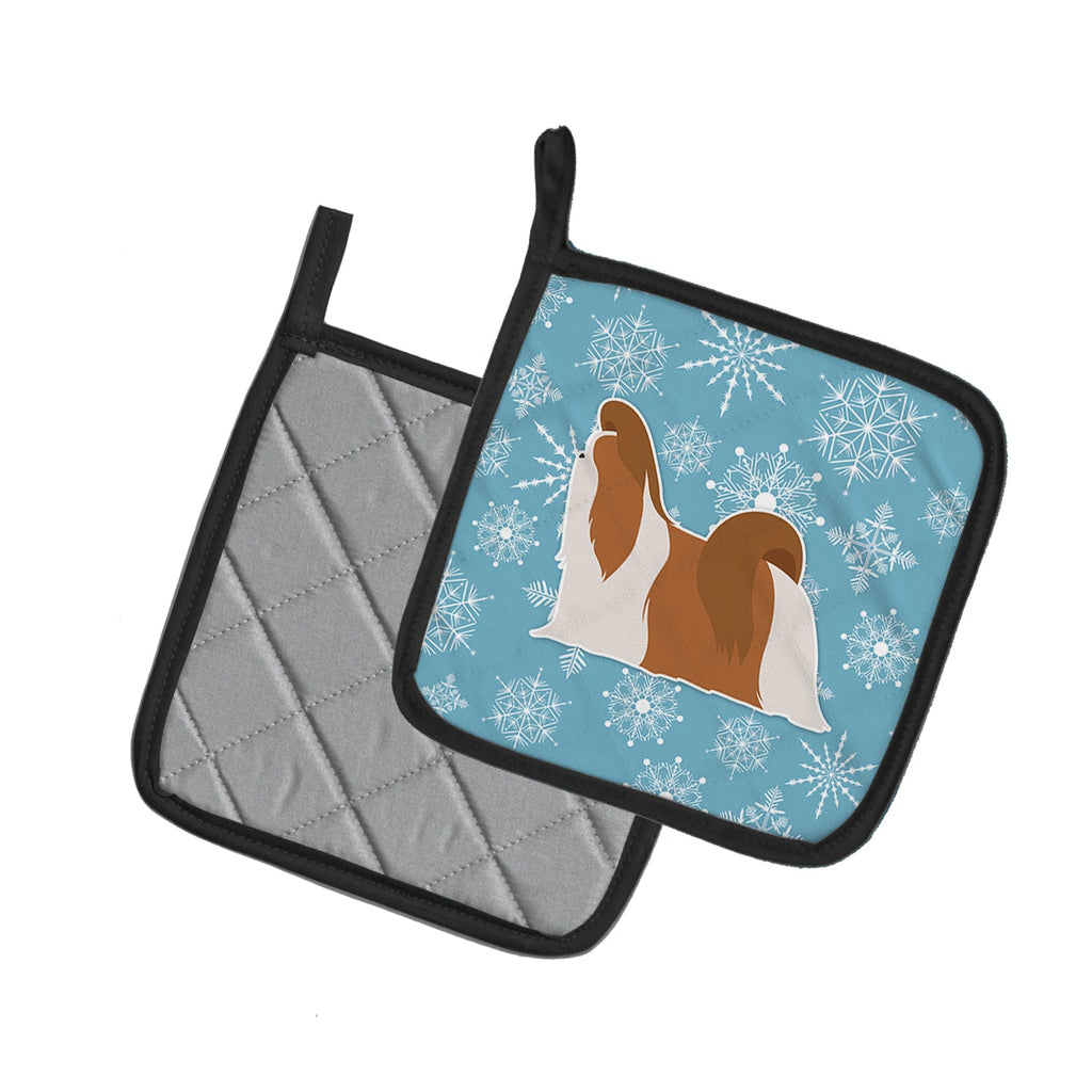 Winter Snowflake Shih Tzu Pot Holder Set of 2 Heat Resistant Quilted Hot Pads 7.5 x 7.5 Inch, Insulated Kitchen Trivets for Cooking & Baking