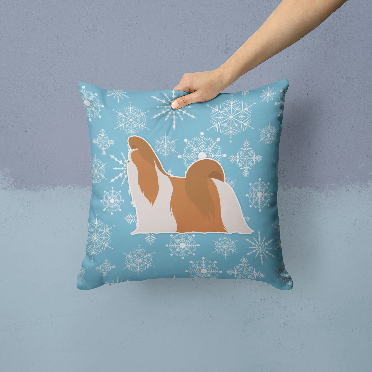 Winter Snowflake Shih Tzu Decorative Throw Pillow 14x14 Indoor Outdoor Accent Cushion, Fabric Cover with Insert for Sofa, Bed, Porch & Living Room
