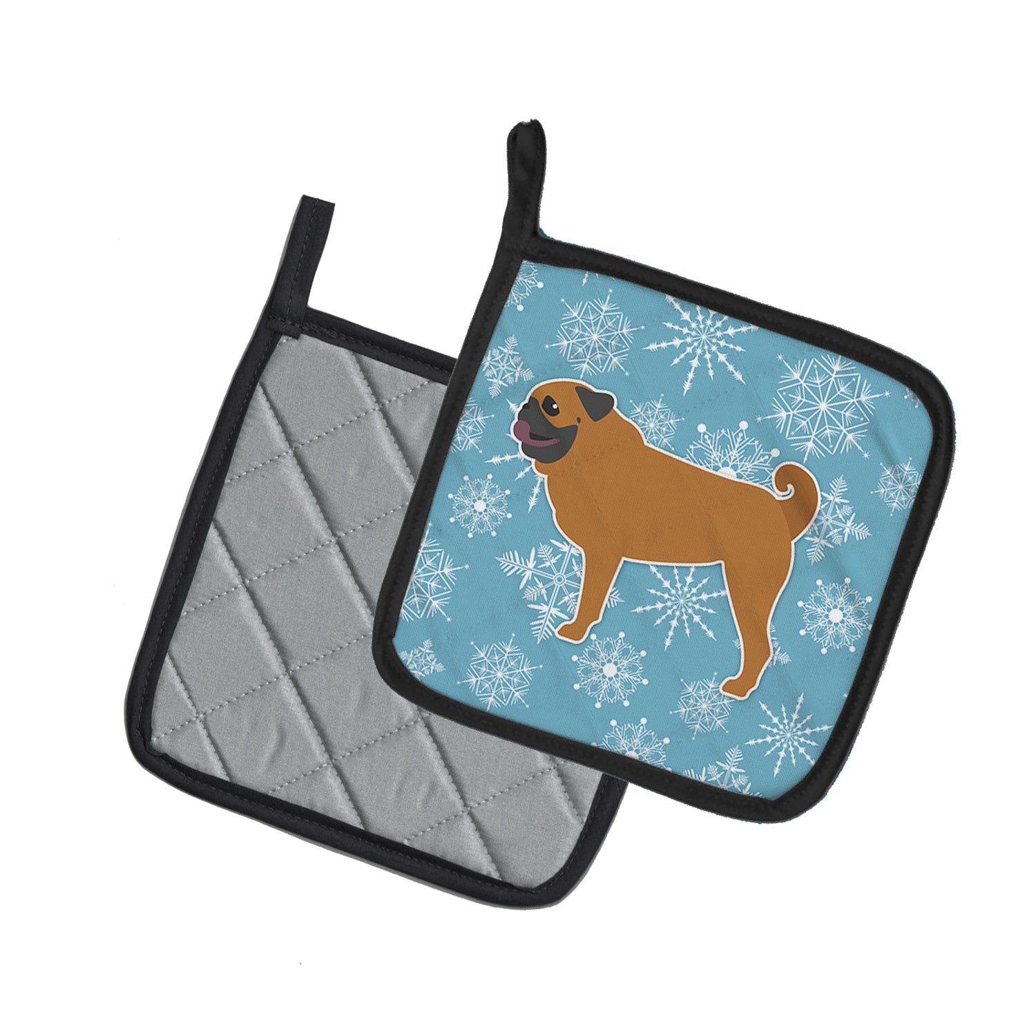 Winter Snowflake Pug Pot Holder Set of 2 Heat Resistant Quilted Hot Pads 7.5 x 7.5 Inch, Insulated Kitchen Trivets for Cooking & Baking