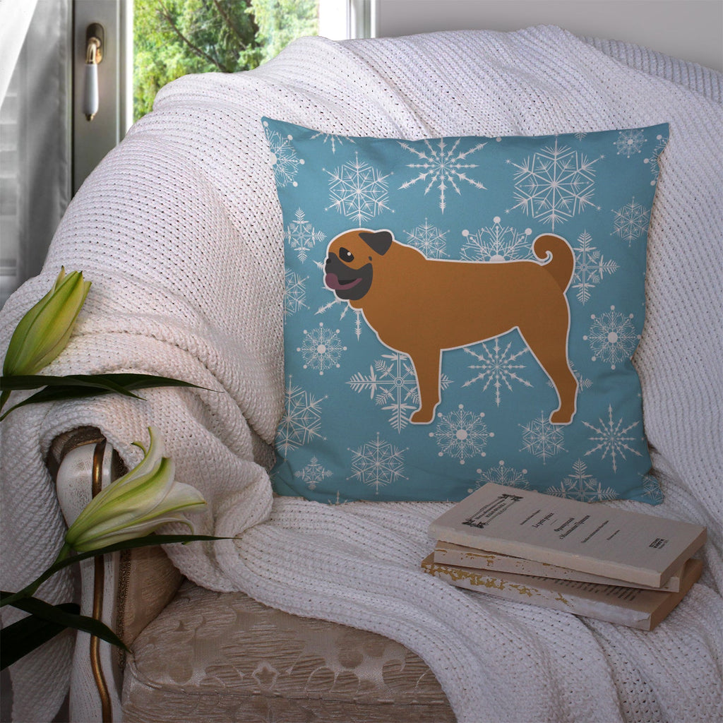 Winter Snowflake Pug Decorative Throw Pillow 14x14 Indoor Outdoor Accent Cushion, Fabric Cover with Insert for Sofa, Bed, Porch & Living Room