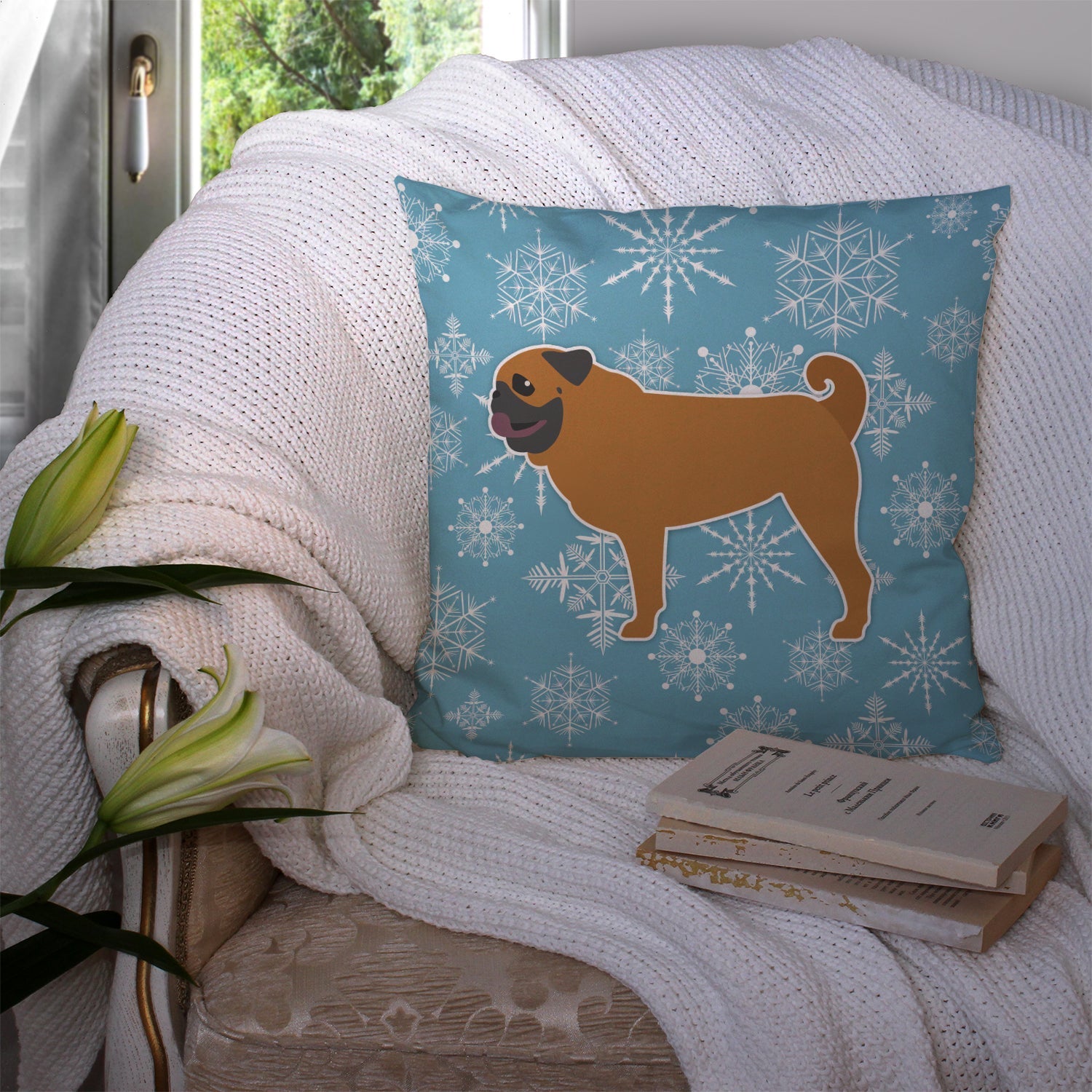 Winter Snowflake Pug Decorative Throw Pillow 14x14 Indoor Outdoor Accent Cushion, Fabric Cover with Insert for Sofa, Bed, Porch & Living Room