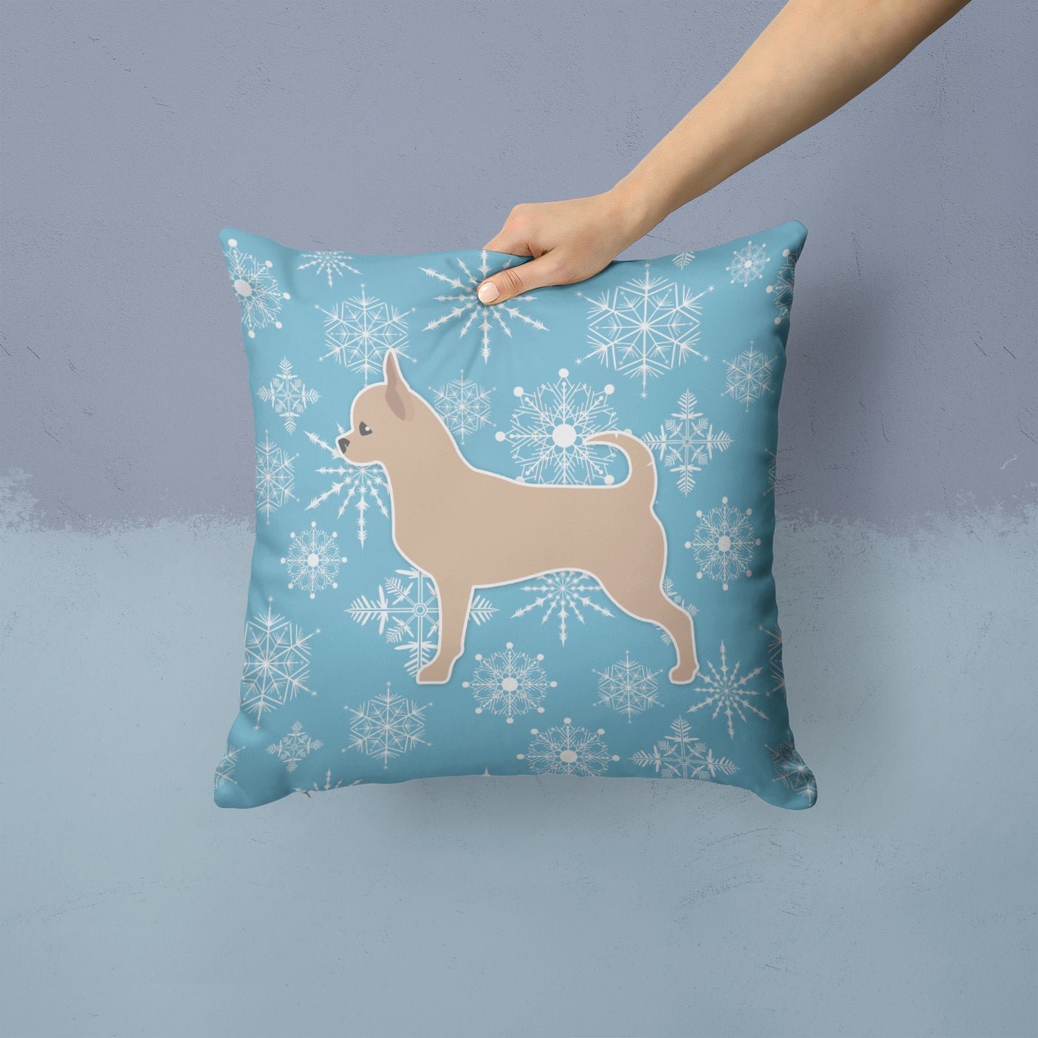 Winter Snowflake Chihuahua Decorative Throw Pillow 14x14 Indoor Outdoor Accent Cushion, Fabric Cover with Insert for Sofa, Bed, Porch & Living Room