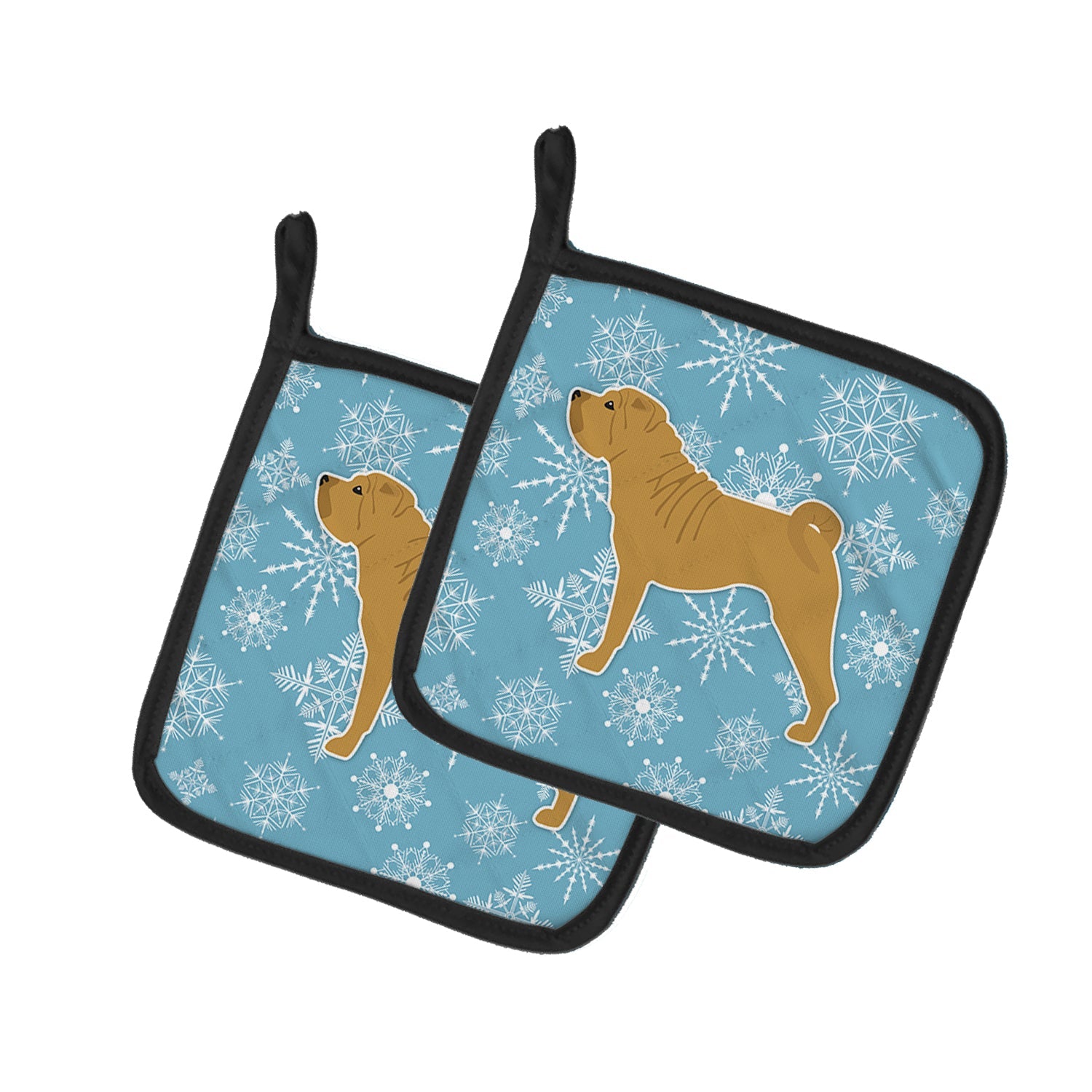 Winter Snowflake Shar Pei Merry Pot Holder Set of 2 Heat Resistant Quilted Hot Pads 7.5 x 7.5 Inch, Insulated Kitchen Trivets for Cooking & Baking