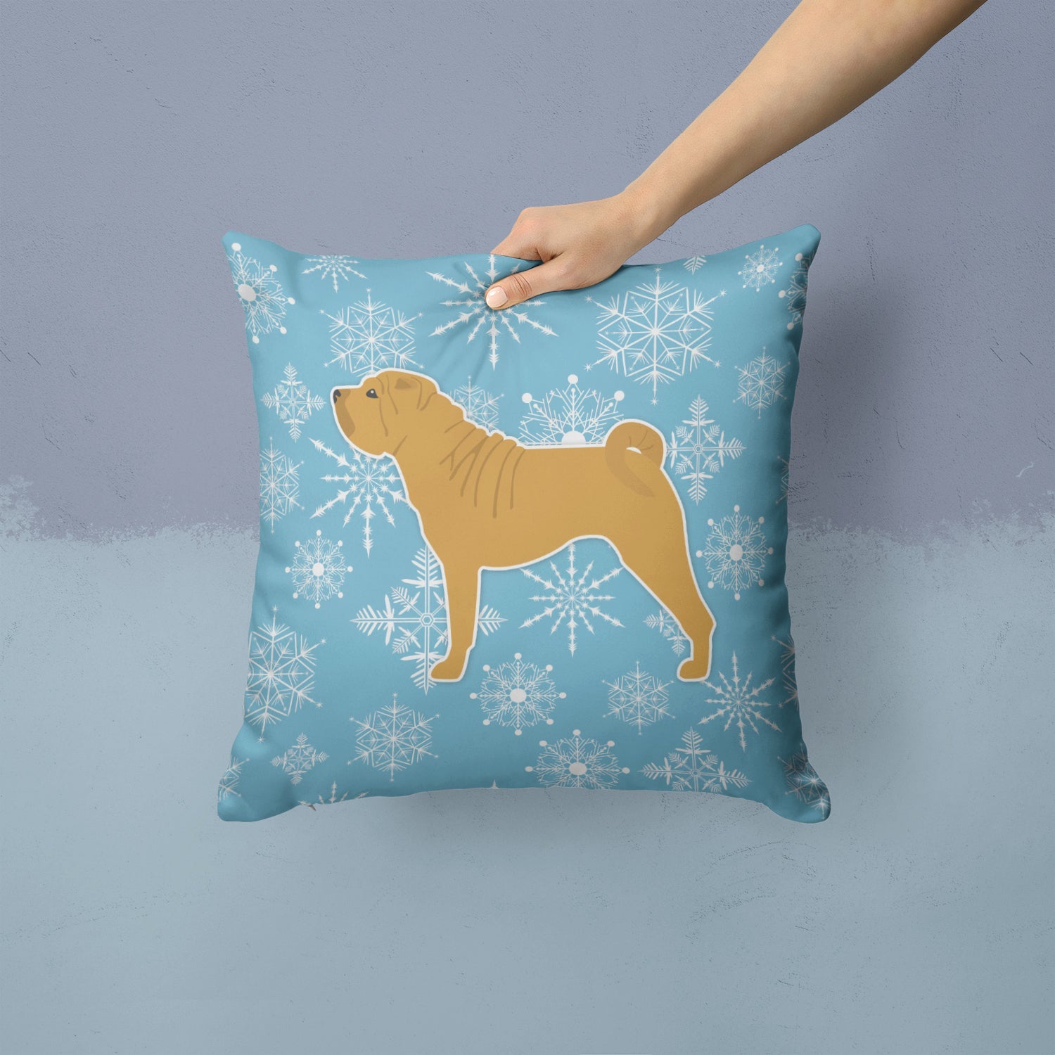 Winter Snowflake Shar Pei Merry Decorative Throw Pillow 14x14 Indoor Outdoor Accent Cushion, Fabric Cover with Insert for Sofa, Bed, Porch & Living Room