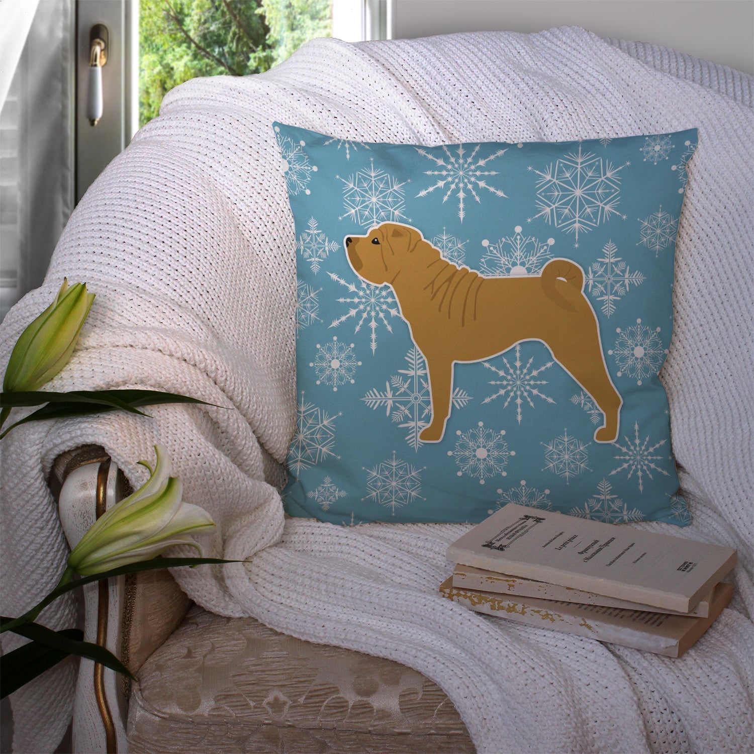 Winter Snowflake Shar Pei Merry Decorative Throw Pillow 14x14 Indoor Outdoor Accent Cushion, Fabric Cover with Insert for Sofa, Bed, Porch & Living Room