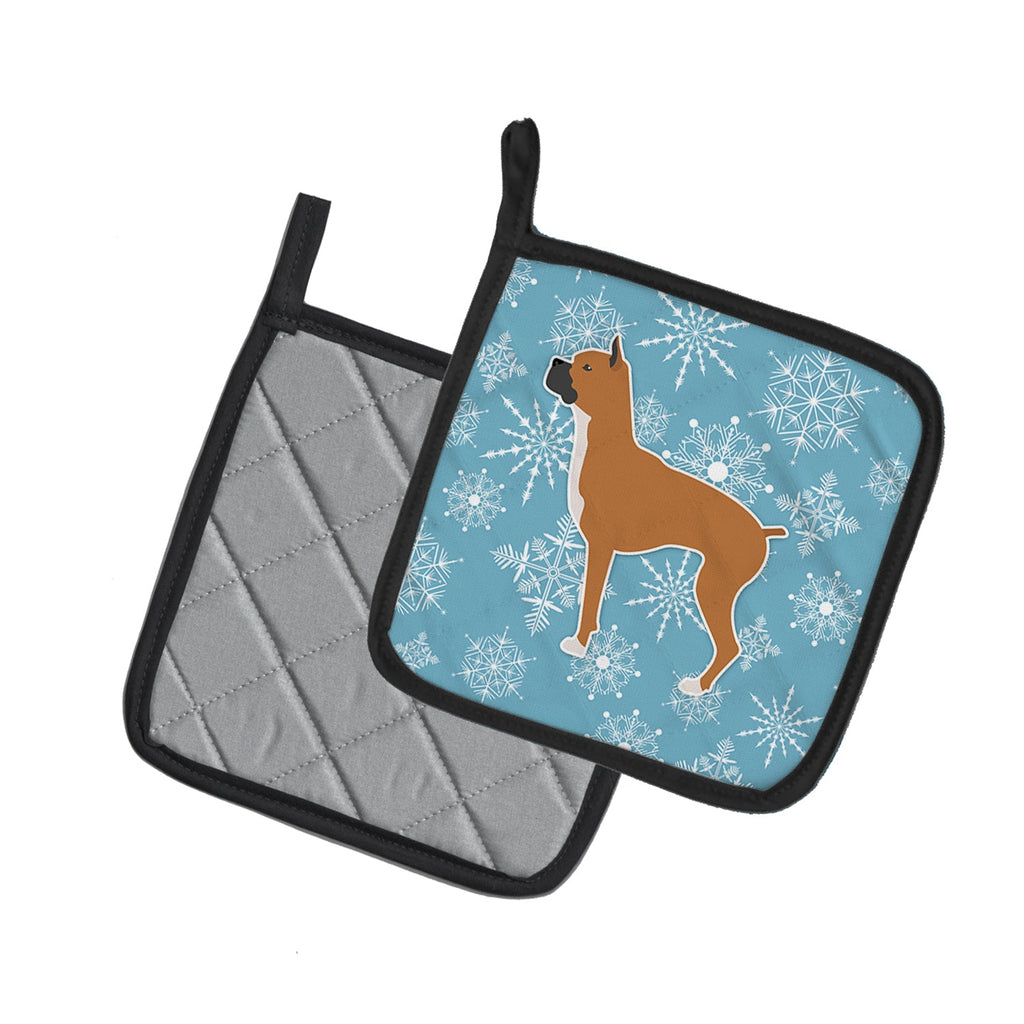 Winter Snowflake Boxer Pot Holder Set of 2 Heat Resistant Quilted Hot Pads 7.5 x 7.5 Inch, Insulated Kitchen Trivets for Cooking & Baking