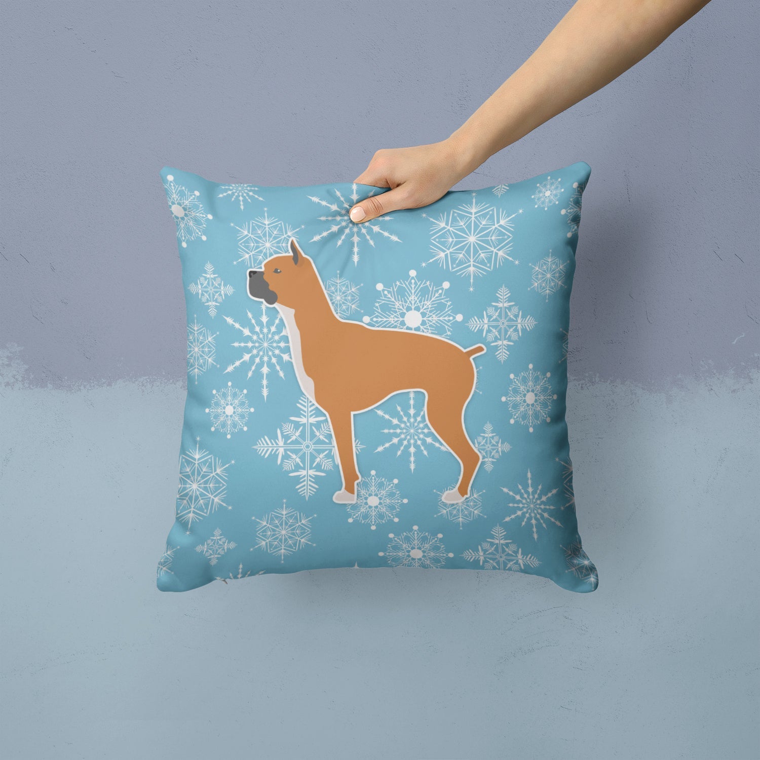 Winter Snowflake Boxer Decorative Throw Pillow 14x14 Indoor Outdoor Accent Cushion, Fabric Cover with Insert for Sofa, Bed, Porch & Living Room