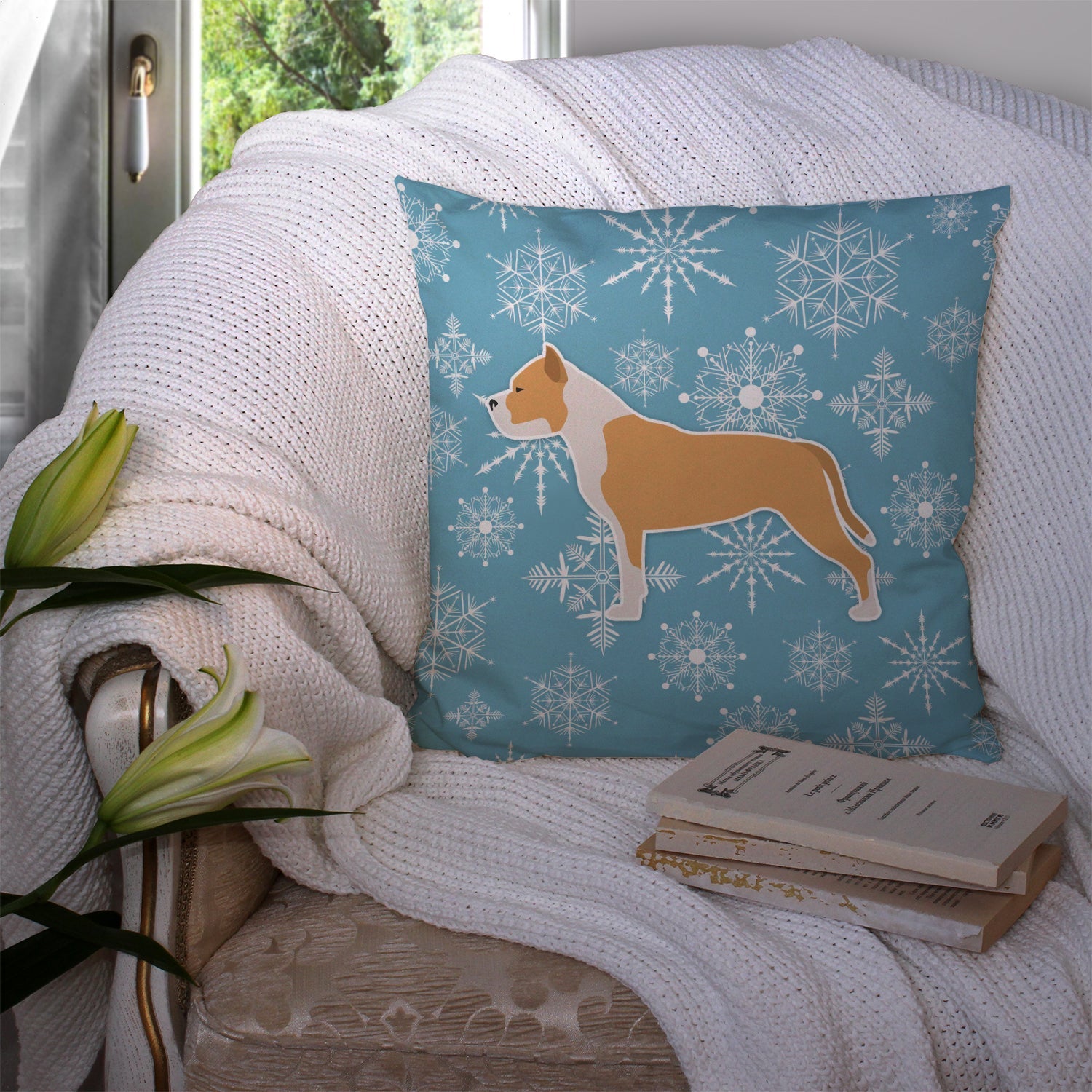 Winter Snowflake Staffordshire Bull Terrier Decorative Throw Pillow 14x14 Indoor Outdoor Accent Cushion, Fabric Cover with Insert for Sofa, Bed, Porch & Living Room
