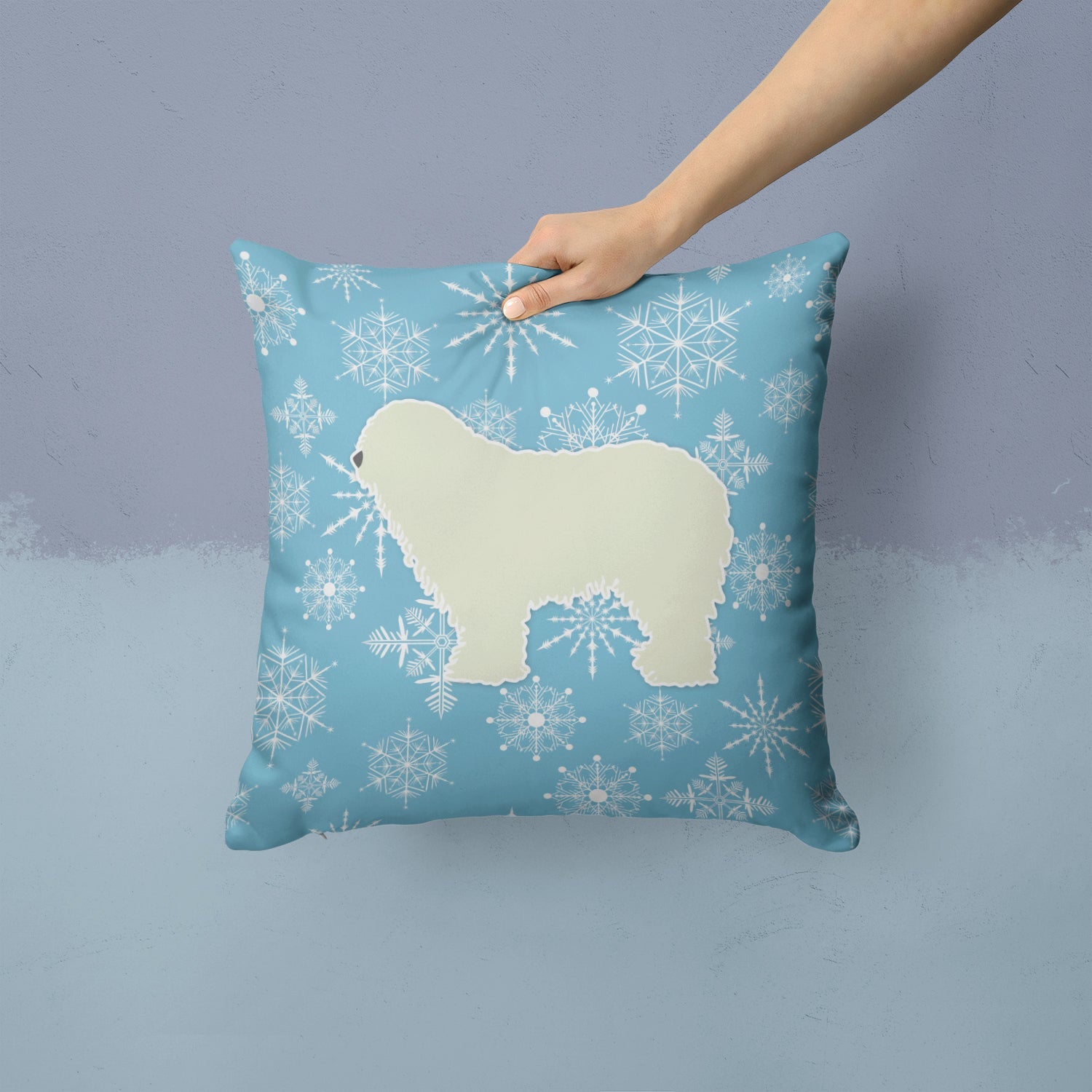 Winter Snowflake Komondor Decorative Throw Pillow 14x14 Indoor Outdoor Accent Cushion, Fabric Cover with Insert for Sofa, Bed, Porch & Living Room