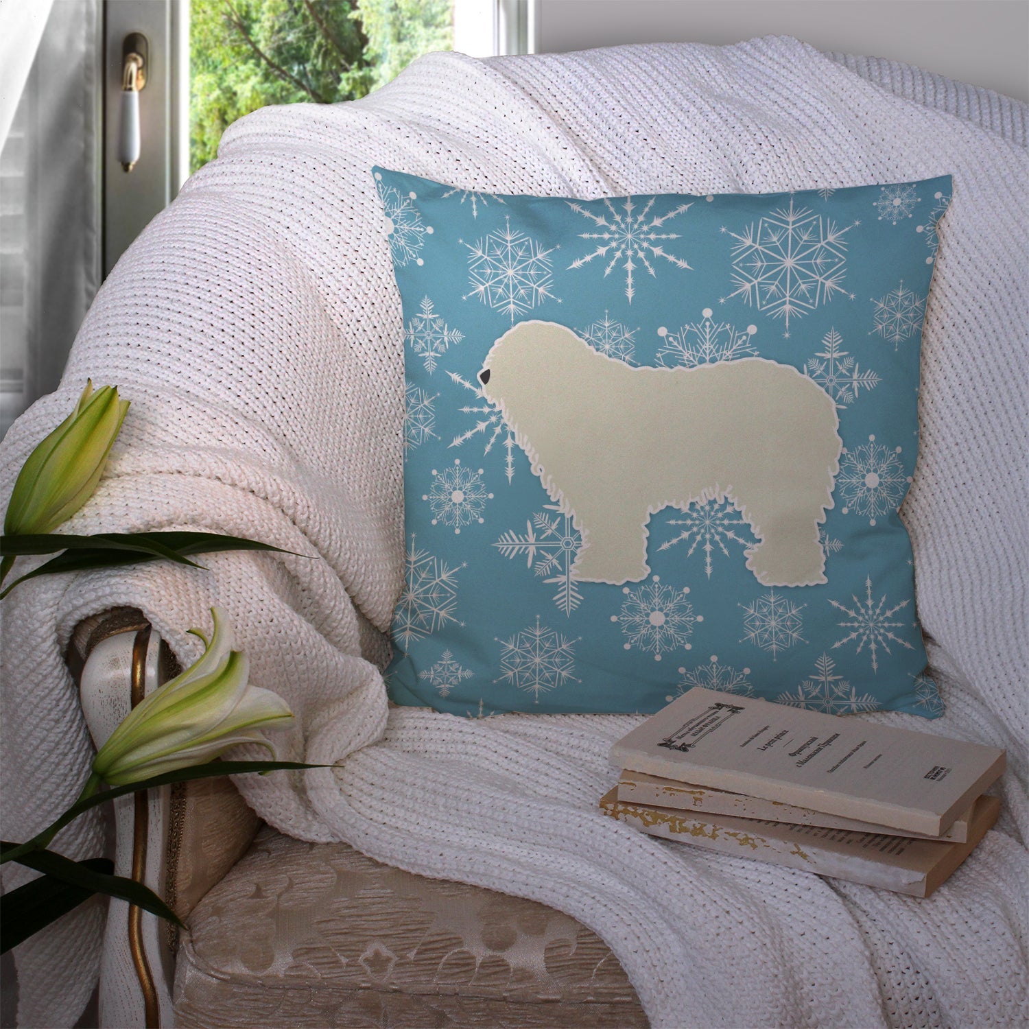 Winter Snowflake Komondor Decorative Throw Pillow 14x14 Indoor Outdoor Accent Cushion, Fabric Cover with Insert for Sofa, Bed, Porch & Living Room