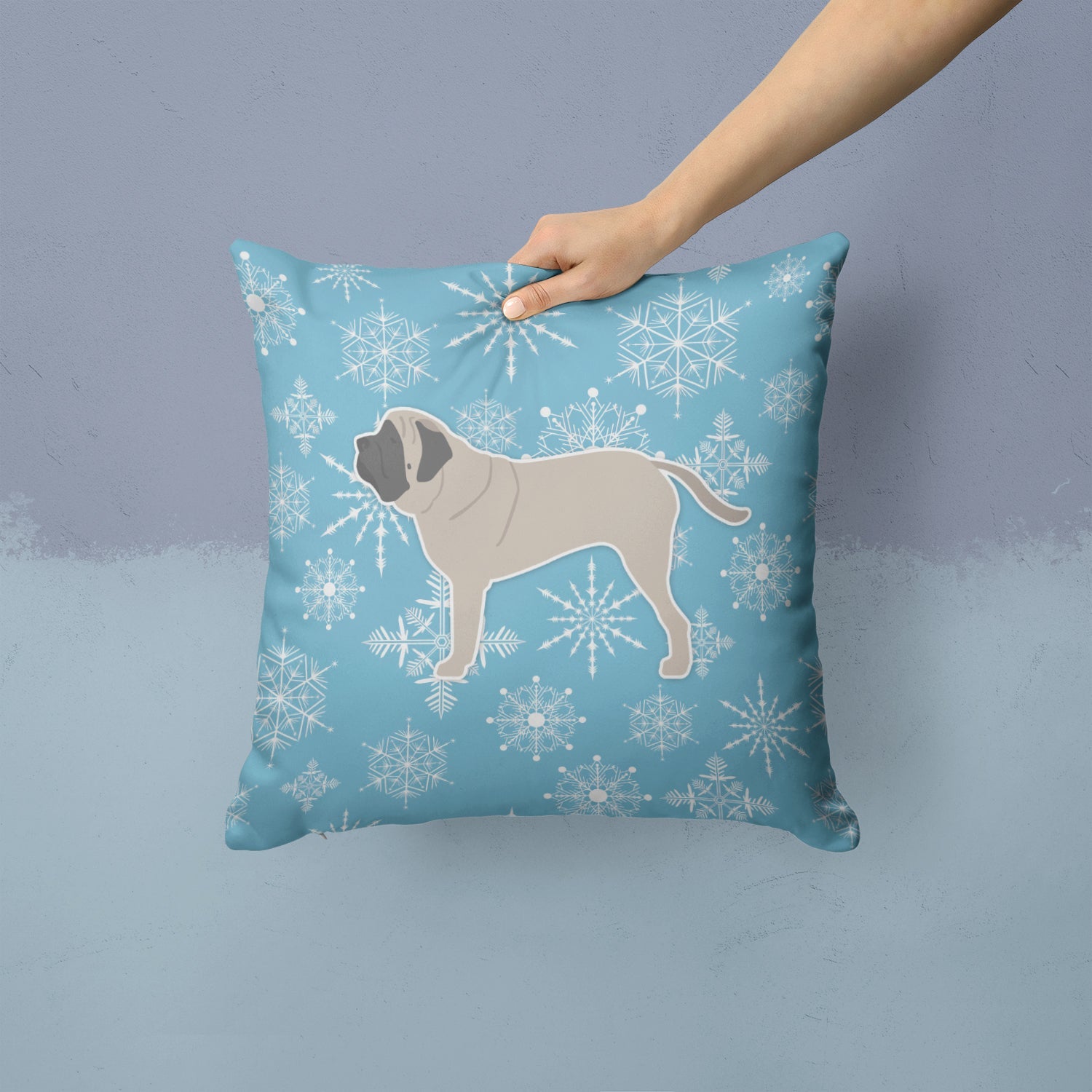 Winter Snowflake English Mastiff Decorative Throw Pillow 14x14 Indoor Outdoor Accent Cushion, Fabric Cover with Insert for Sofa, Bed, Porch & Living Room