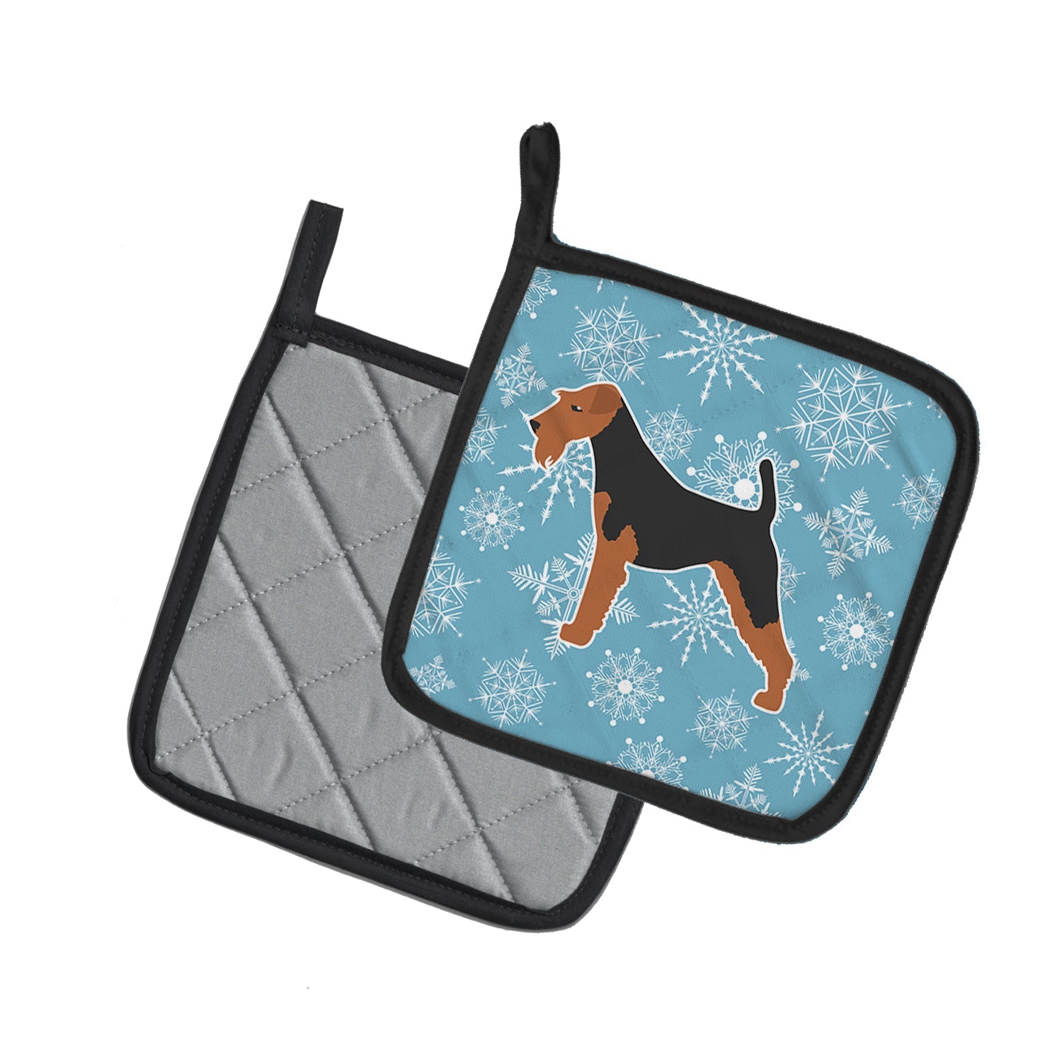 Winter Snowflake Airedale Terrier Pot Holder Set of 2 Heat Resistant Quilted Hot Pads 7.5 x 7.5 Inch, Insulated Kitchen Trivets for Cooking & Baking