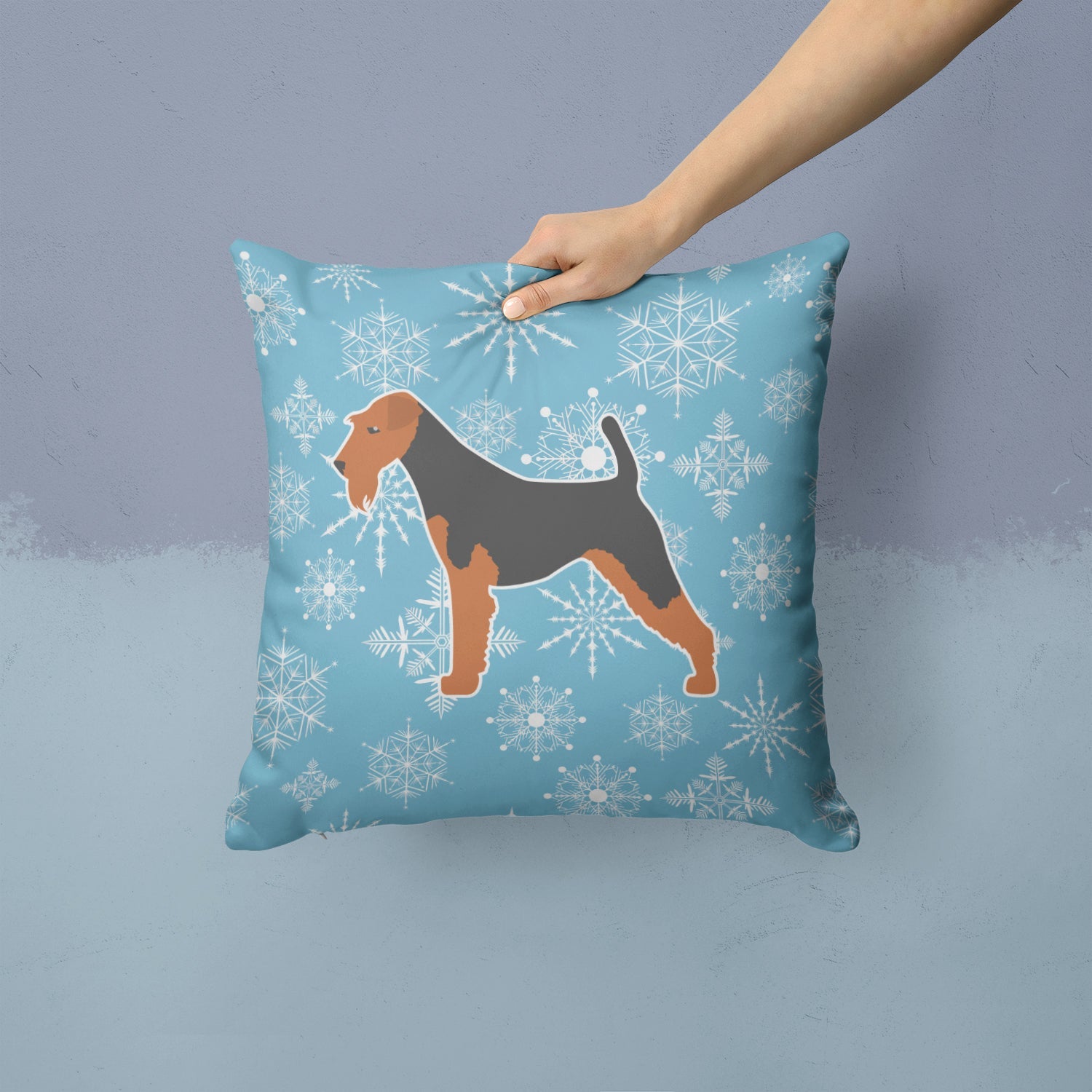 Winter Snowflake Airedale Terrier Decorative Throw Pillow 14x14 Indoor Outdoor Accent Cushion, Fabric Cover with Insert for Sofa, Bed, Porch & Living Room