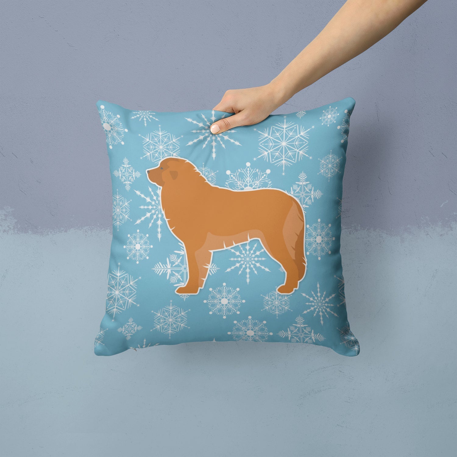 Winter Snowflake Leonberger Decorative Throw Pillow 14x14 Indoor Outdoor Accent Cushion, Fabric Cover with Insert for Sofa, Bed, Porch & Living Room
