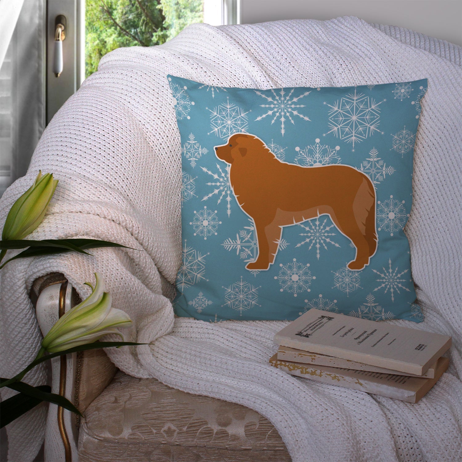 Winter Snowflake Leonberger Decorative Throw Pillow 14x14 Indoor Outdoor Accent Cushion, Fabric Cover with Insert for Sofa, Bed, Porch & Living Room