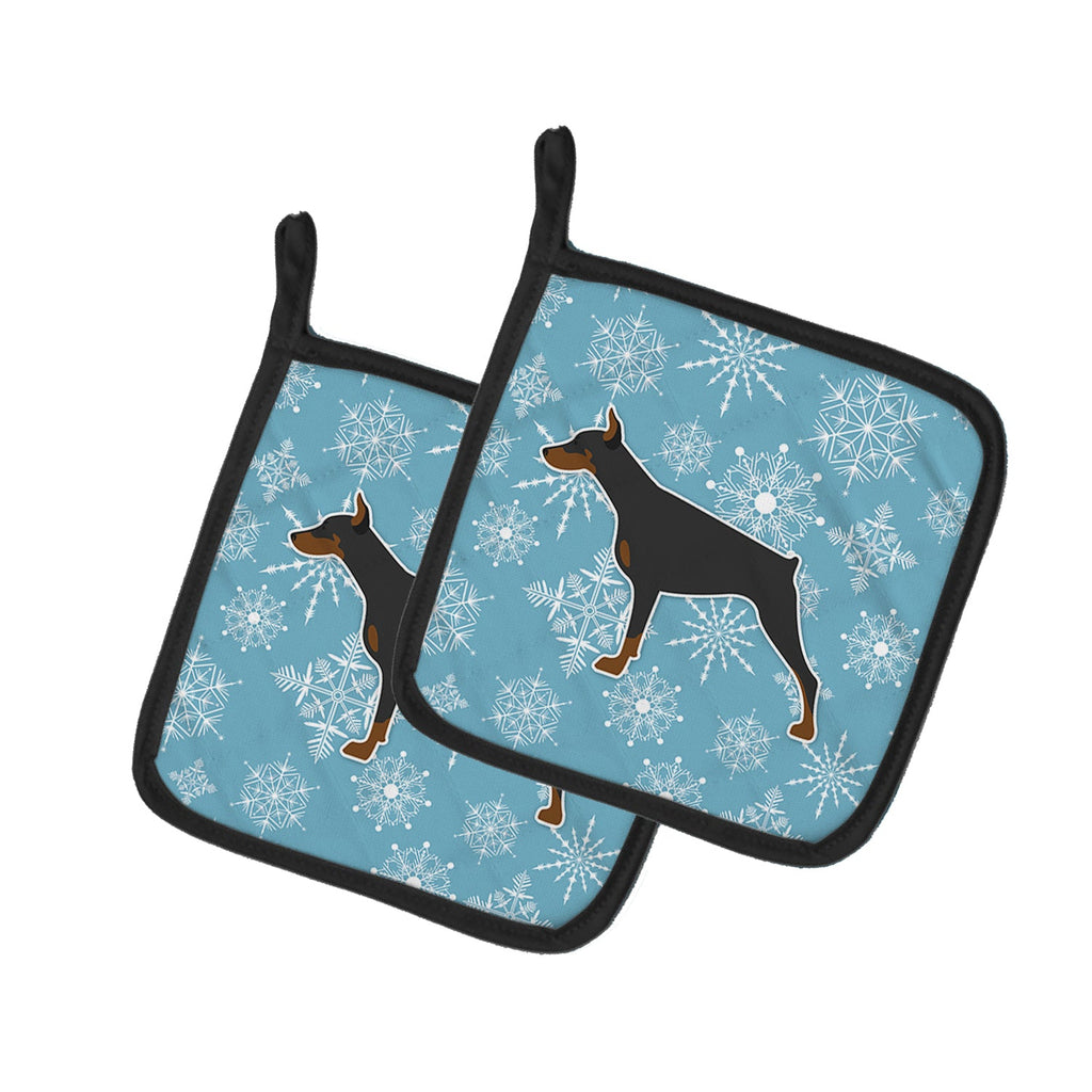 Winter Snowflake Doberman Pinscher Pot Holder Set of 2 Heat Resistant Quilted Hot Pads 7.5 x 7.5 Inch, Insulated Kitchen Trivets for Cooking & Baking