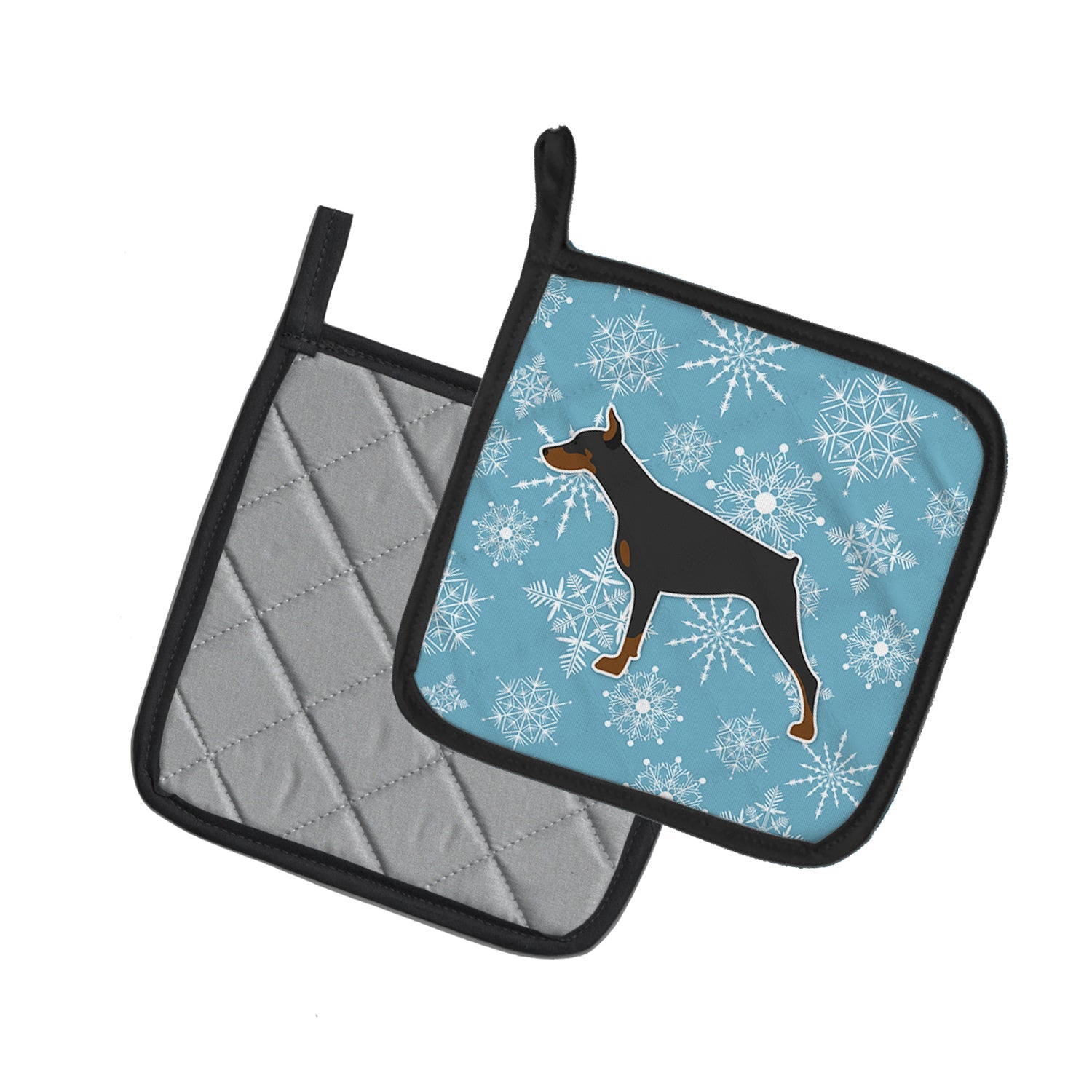 Winter Snowflake Doberman Pinscher Pot Holder Set of 2 Heat Resistant Quilted Hot Pads 7.5 x 7.5 Inch, Insulated Kitchen Trivets for Cooking & Baking