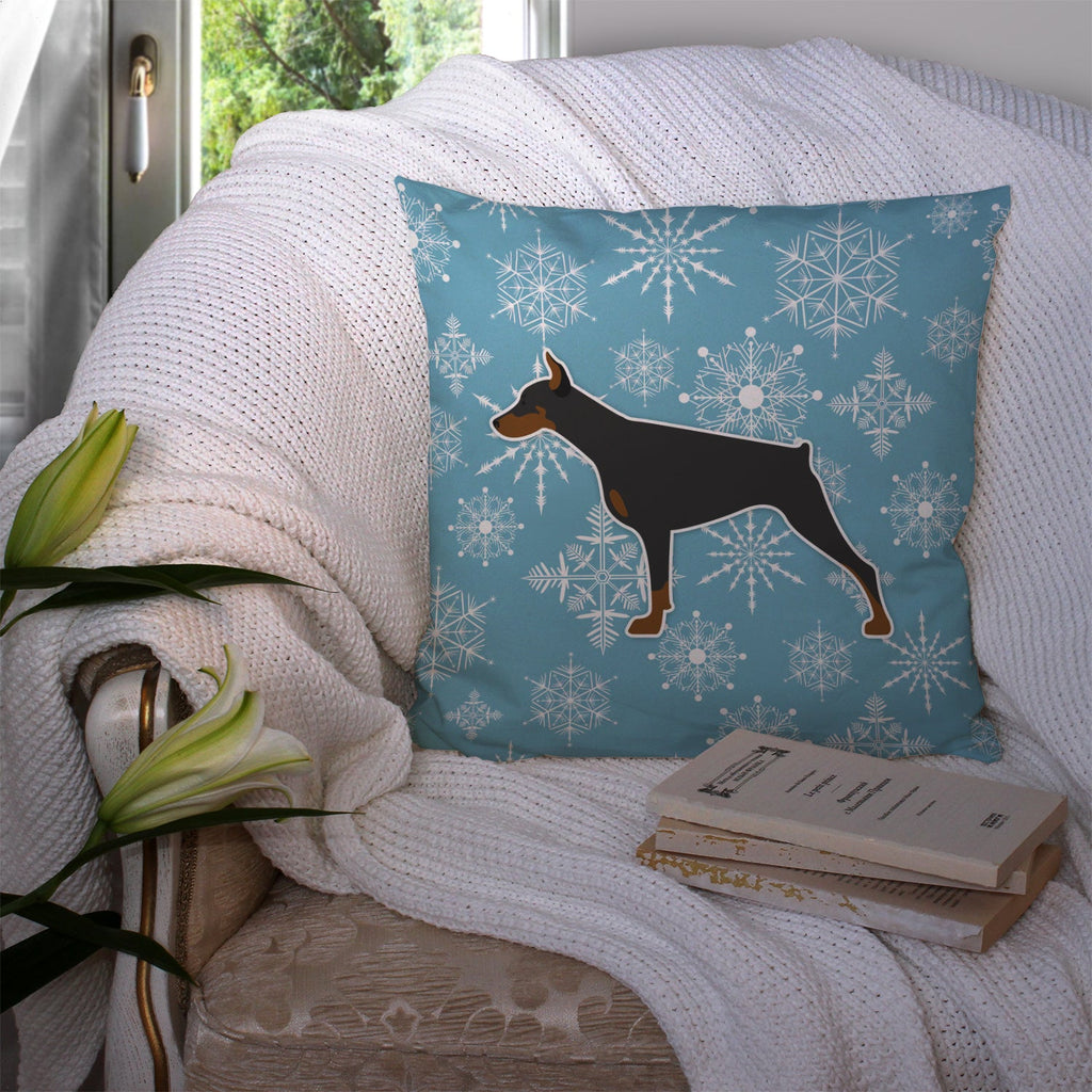 Winter Snowflake Doberman Pinscher Decorative Throw Pillow 14x14 Indoor Outdoor Accent Cushion, Fabric Cover with Insert for Sofa, Bed, Porch & Living Room