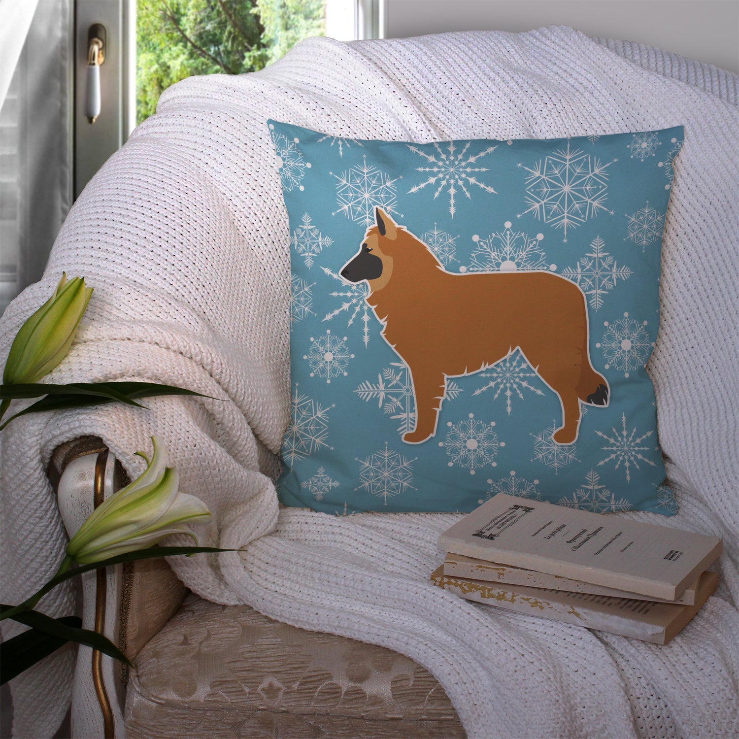 Winter Snowflake Belgian Shepherd Decorative Throw Pillow 14x14 Indoor Outdoor Accent Cushion, Fabric Cover with Insert for Sofa, Bed, Porch & Living Room