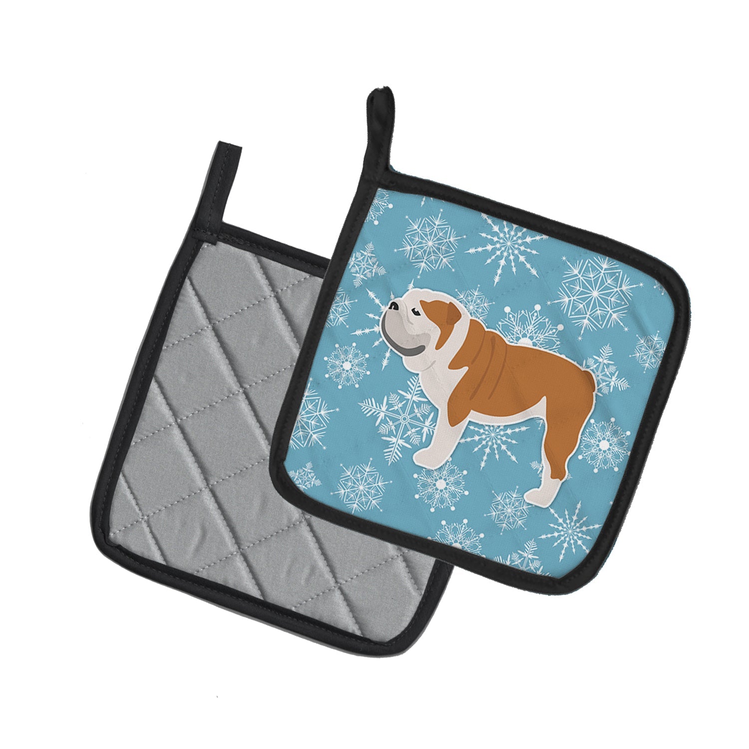 Winter Snowflake English Bulldog Pot Holder Set of 2 Heat Resistant Quilted Hot Pads 7.5 x 7.5 Inch, Insulated Kitchen Trivets for Cooking & Baking