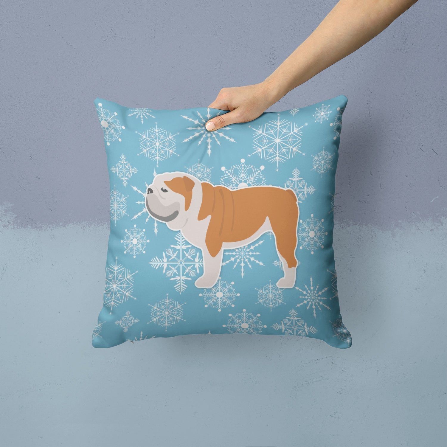 Winter Snowflake English Bulldog Decorative Throw Pillow 14x14 Indoor Outdoor Accent Cushion, Fabric Cover with Insert for Sofa, Bed, Porch & Living Room