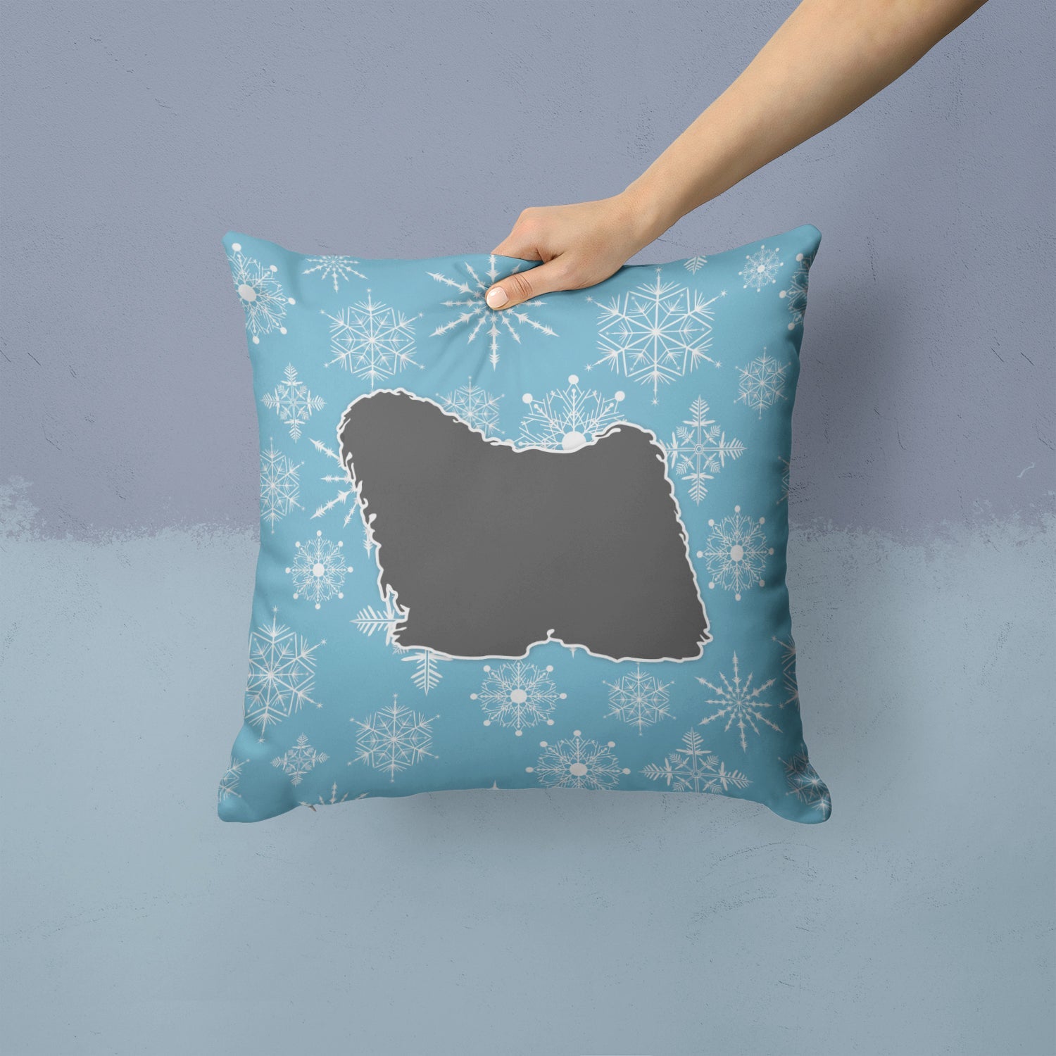 Winter Snowflake Puli Decorative Throw Pillow 14x14 Indoor Outdoor Accent Cushion, Fabric Cover with Insert for Sofa, Bed, Porch & Living Room