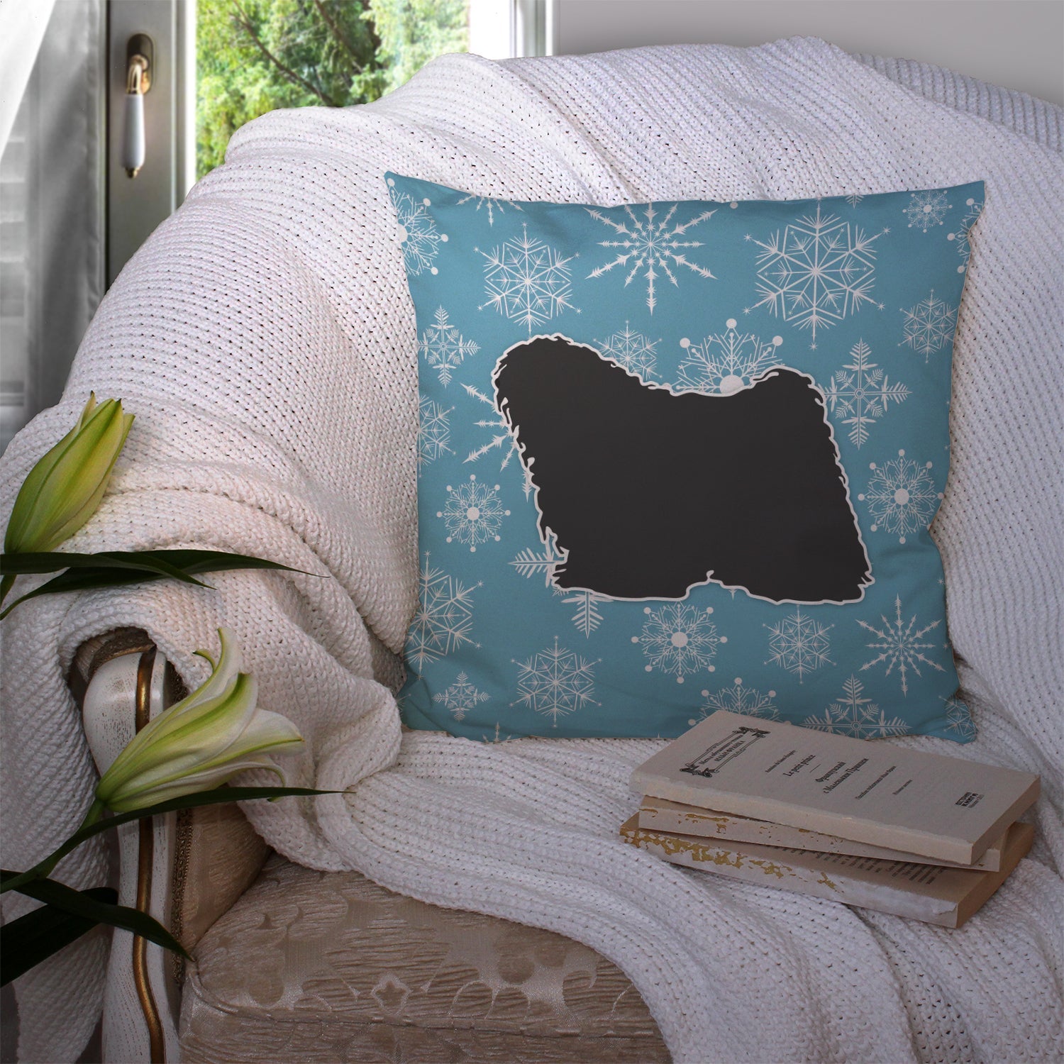 Winter Snowflake Puli Decorative Throw Pillow 14x14 Indoor Outdoor Accent Cushion, Fabric Cover with Insert for Sofa, Bed, Porch & Living Room