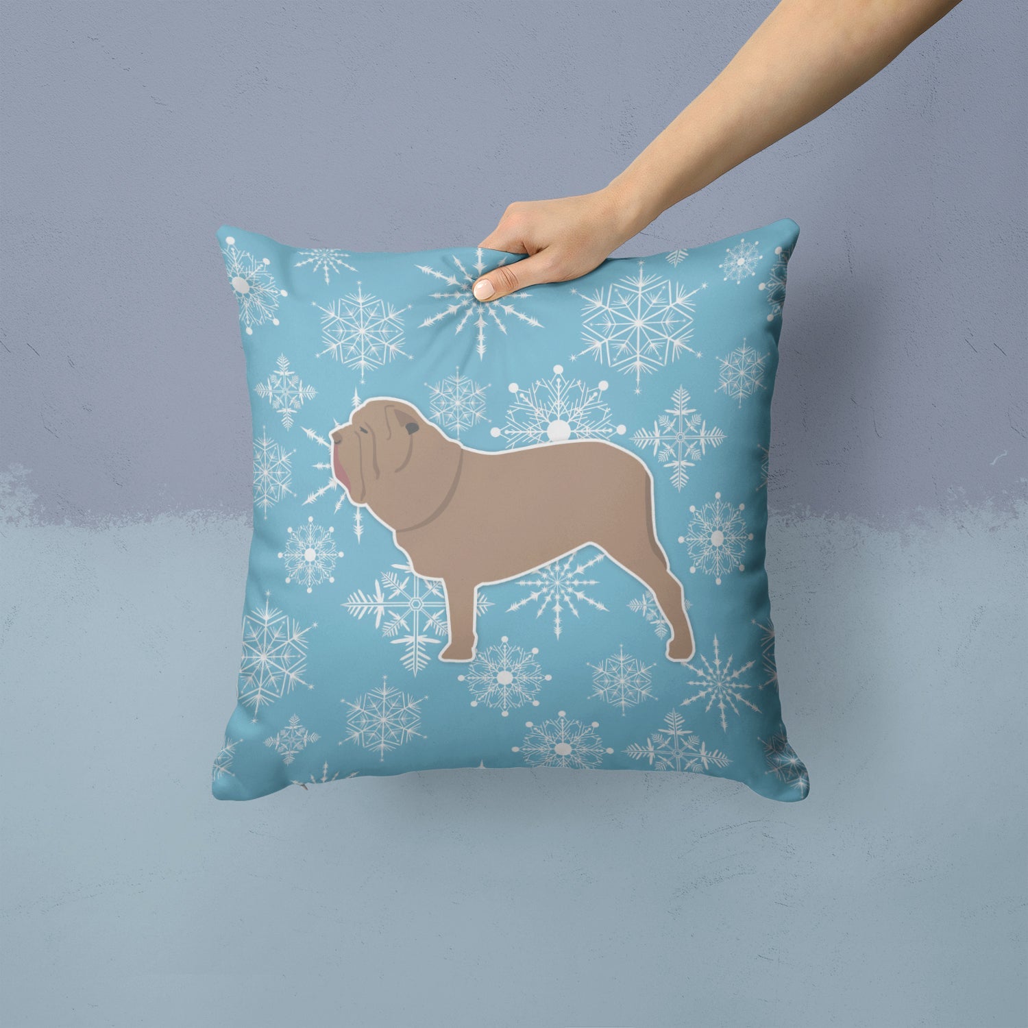 Winter Snowflake Neapolitan Mastiff Decorative Throw Pillow 14x14 Indoor Outdoor Accent Cushion, Fabric Cover with Insert for Sofa, Bed, Porch & Living Room