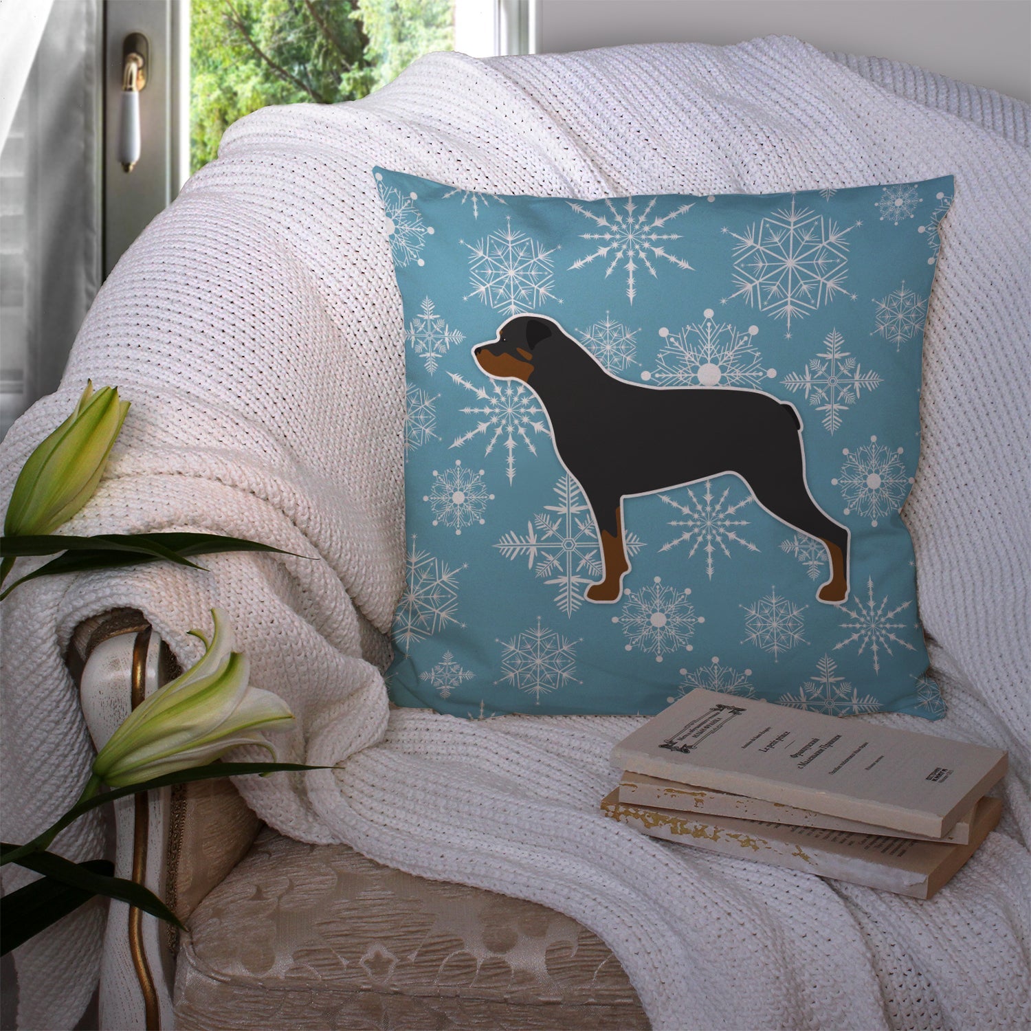 Winter Snowflake Rottweiler Decorative Throw Pillow 14x14 Indoor Outdoor Accent Cushion, Fabric Cover with Insert for Sofa, Bed, Porch & Living Room