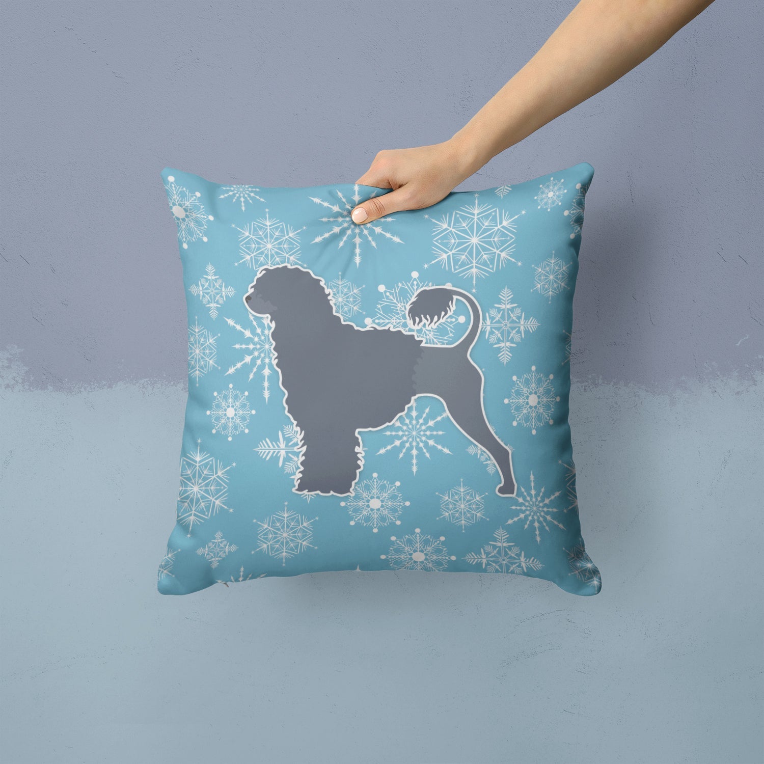 Winter Snowflake Portuguese Water Dog Decorative Throw Pillow 14x14 Indoor Outdoor Accent Cushion, Fabric Cover with Insert for Sofa, Bed, Porch & Living Room