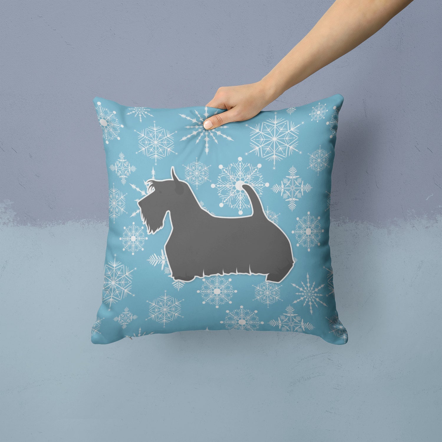 Winter Snowflake Scottish Terrier Decorative Throw Pillow 14x14 Indoor Outdoor Accent Cushion, Fabric Cover with Insert for Sofa, Bed, Porch & Living Room