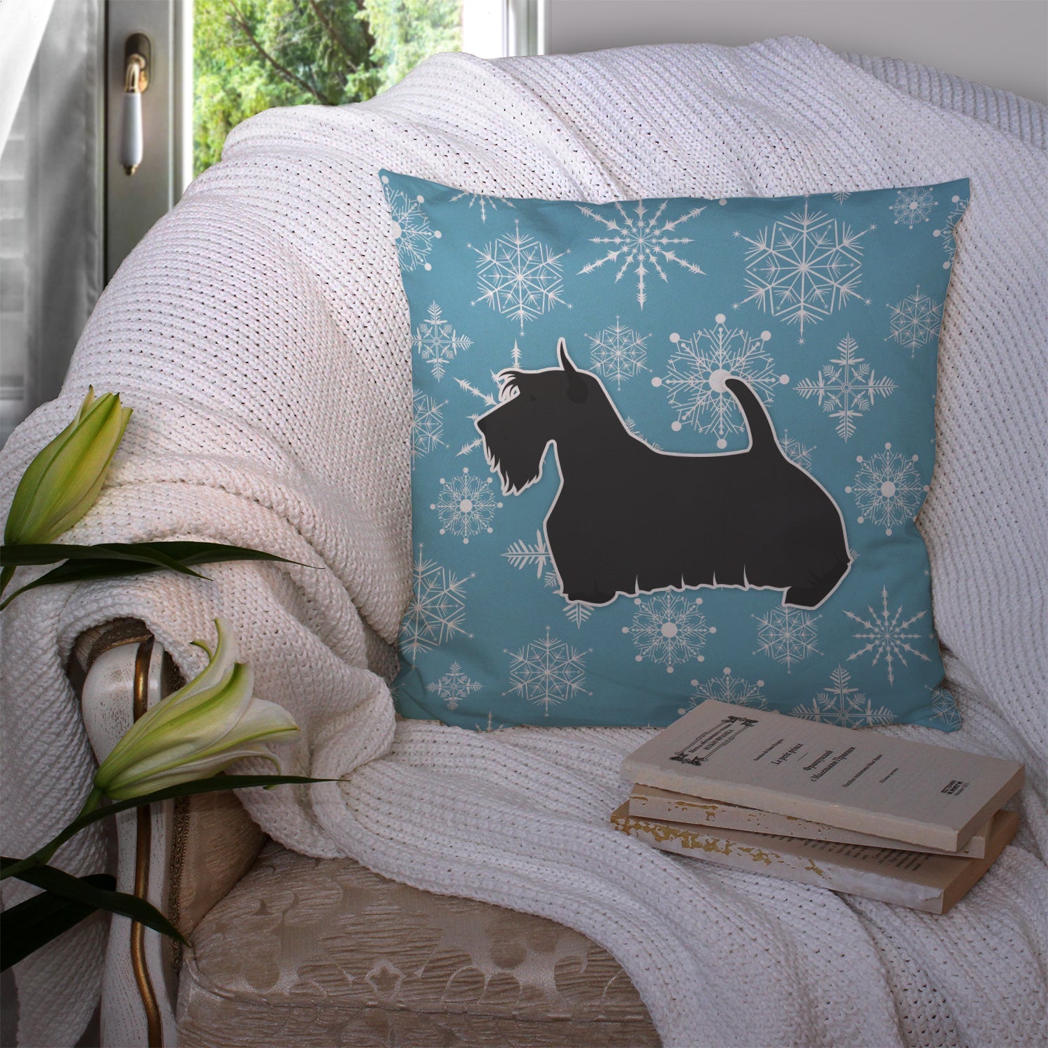Winter Snowflake Scottish Terrier Decorative Throw Pillow 14x14 Indoor Outdoor Accent Cushion, Fabric Cover with Insert for Sofa, Bed, Porch & Living Room