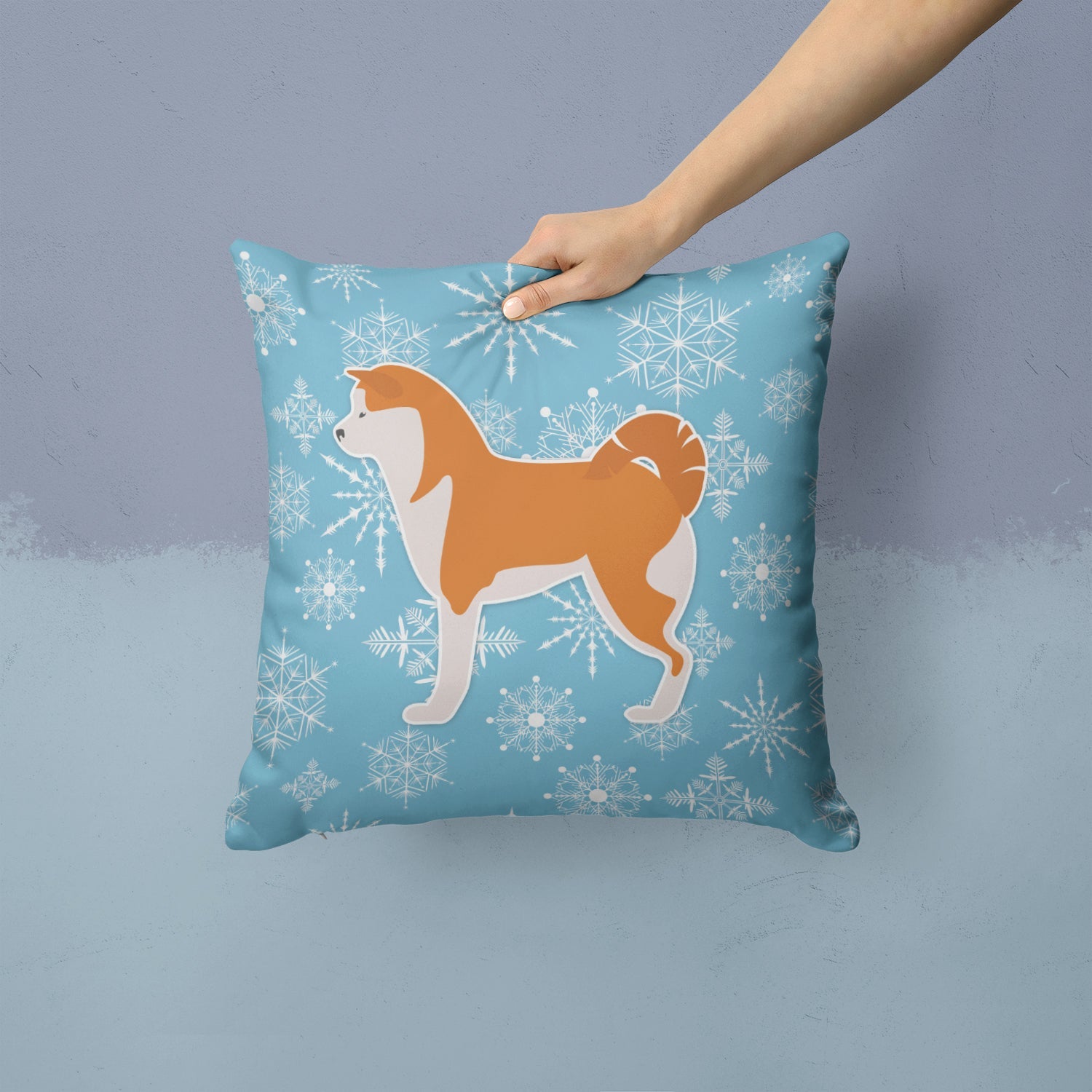 Winter Snowflake Akita Decorative Throw Pillow 14x14 Indoor Outdoor Accent Cushion, Fabric Cover with Insert for Sofa, Bed, Porch & Living Room