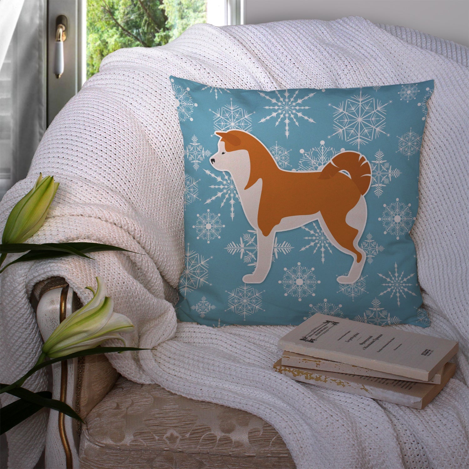 Winter Snowflake Akita Decorative Throw Pillow 14x14 Indoor Outdoor Accent Cushion, Fabric Cover with Insert for Sofa, Bed, Porch & Living Room