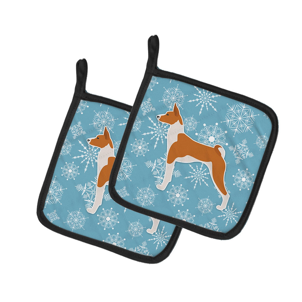Winter Snowflake Basenji Pot Holder Set of 2 Heat Resistant Quilted Hot Pads 7.5 x 7.5 Inch, Insulated Kitchen Trivets for Cooking & Baking