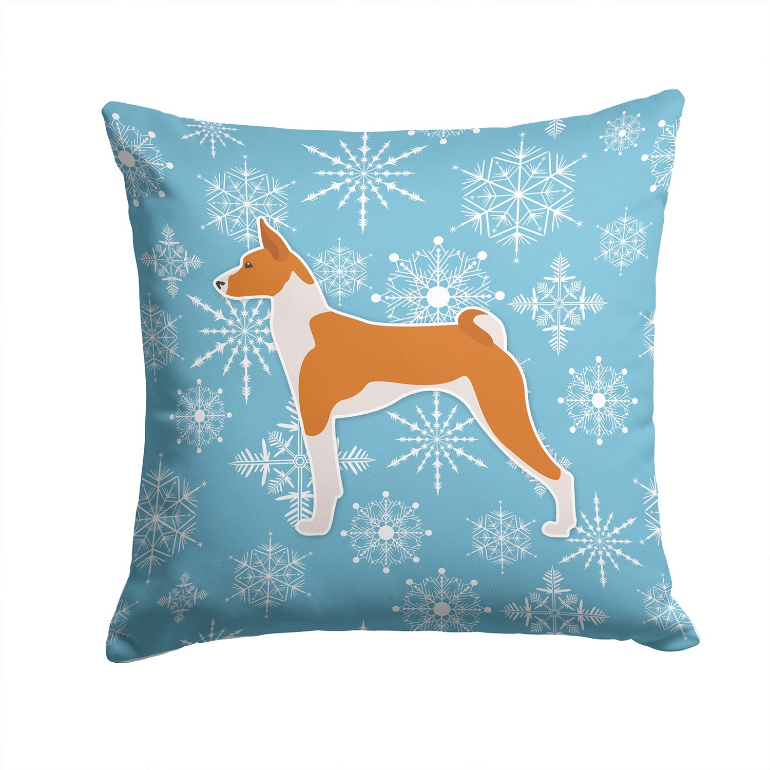 Winter Snowflake Basenji Decorative Throw Pillow 14x14 Indoor Outdoor Accent Cushion, Fabric Cover with Insert for Sofa, Bed, Porch & Living Room