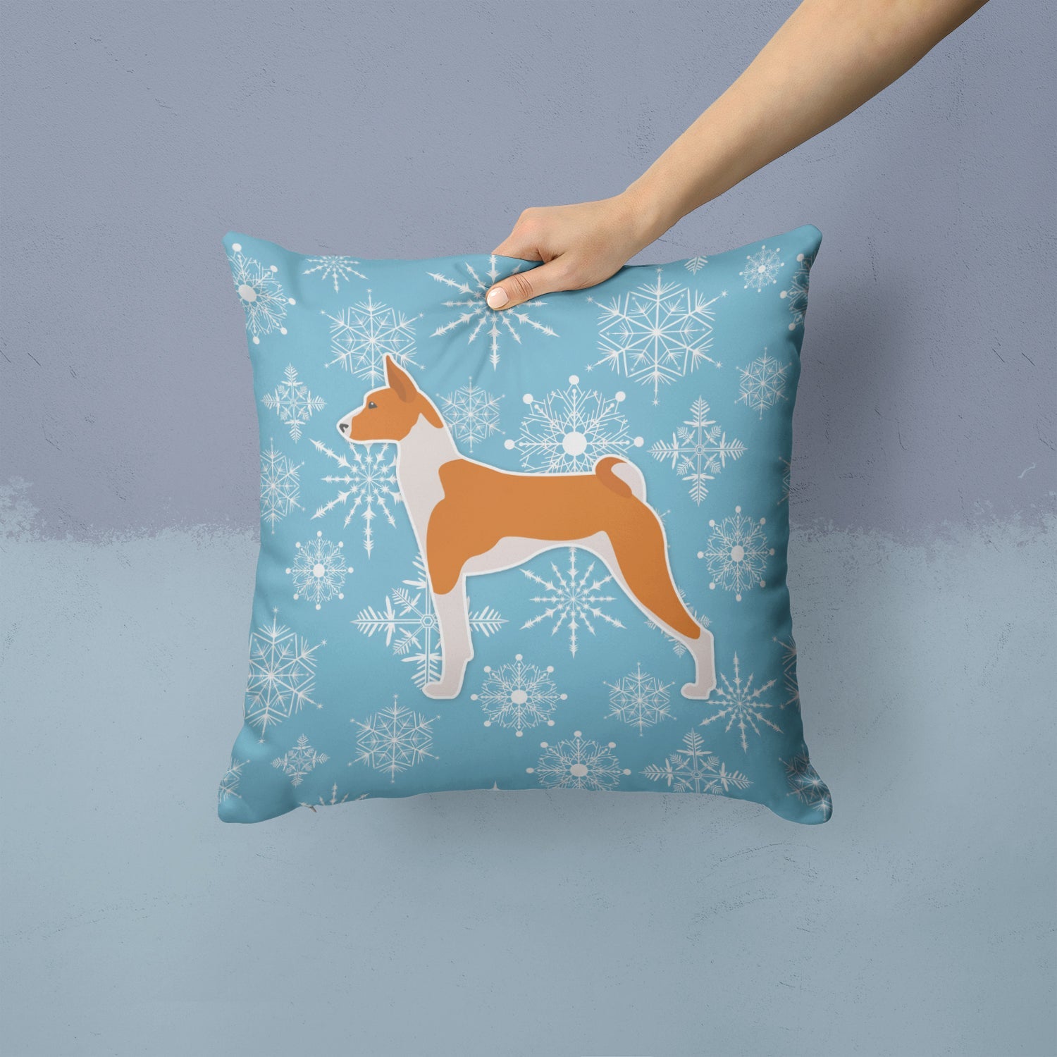 Winter Snowflake Basenji Decorative Throw Pillow 14x14 Indoor Outdoor Accent Cushion, Fabric Cover with Insert for Sofa, Bed, Porch & Living Room