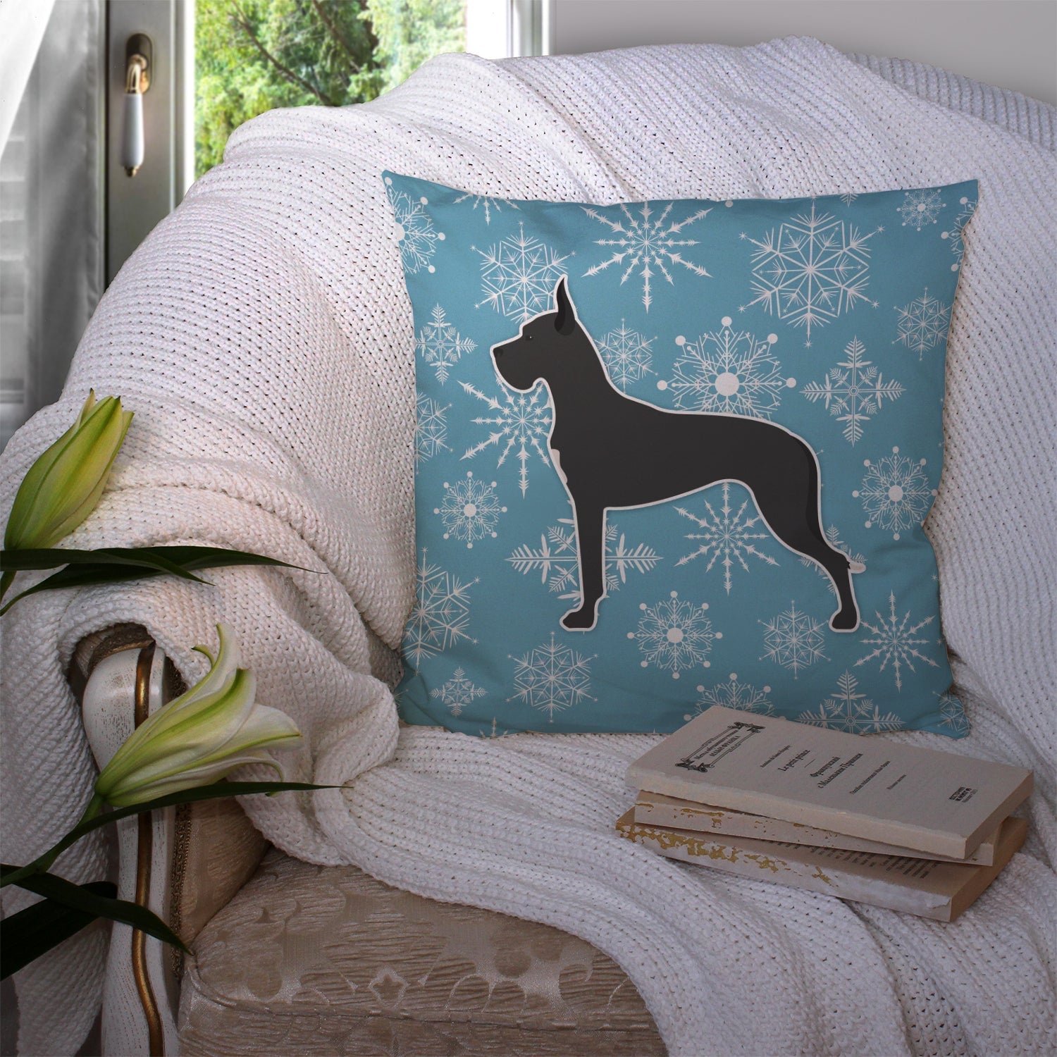 Winter Snowflake Great Dane Decorative Throw Pillow 14x14 Indoor Outdoor Accent Cushion, Fabric Cover with Insert for Sofa, Bed, Porch & Living Room