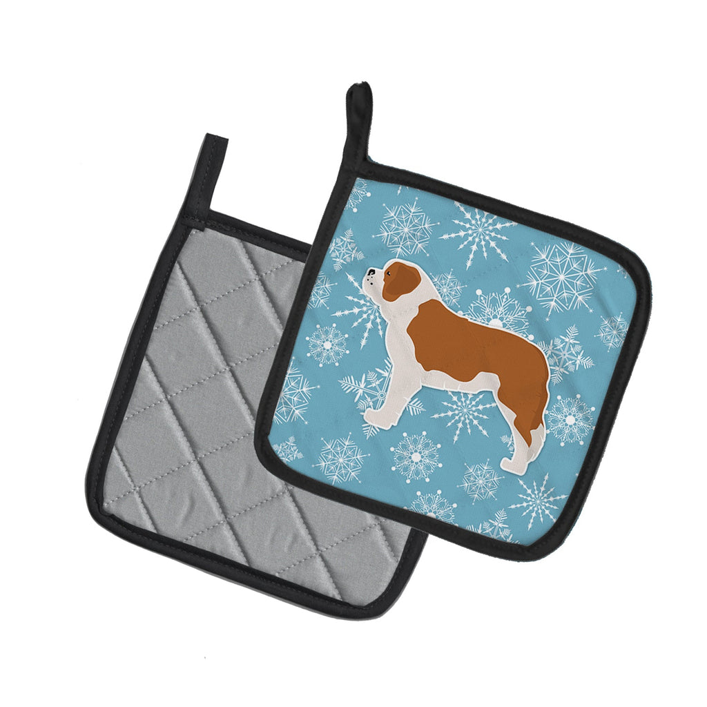 Winter Snowflake Saint Bernard Pot Holder Set of 2 Heat Resistant Quilted Hot Pads 7.5 x 7.5 Inch, Insulated Kitchen Trivets for Cooking & Baking