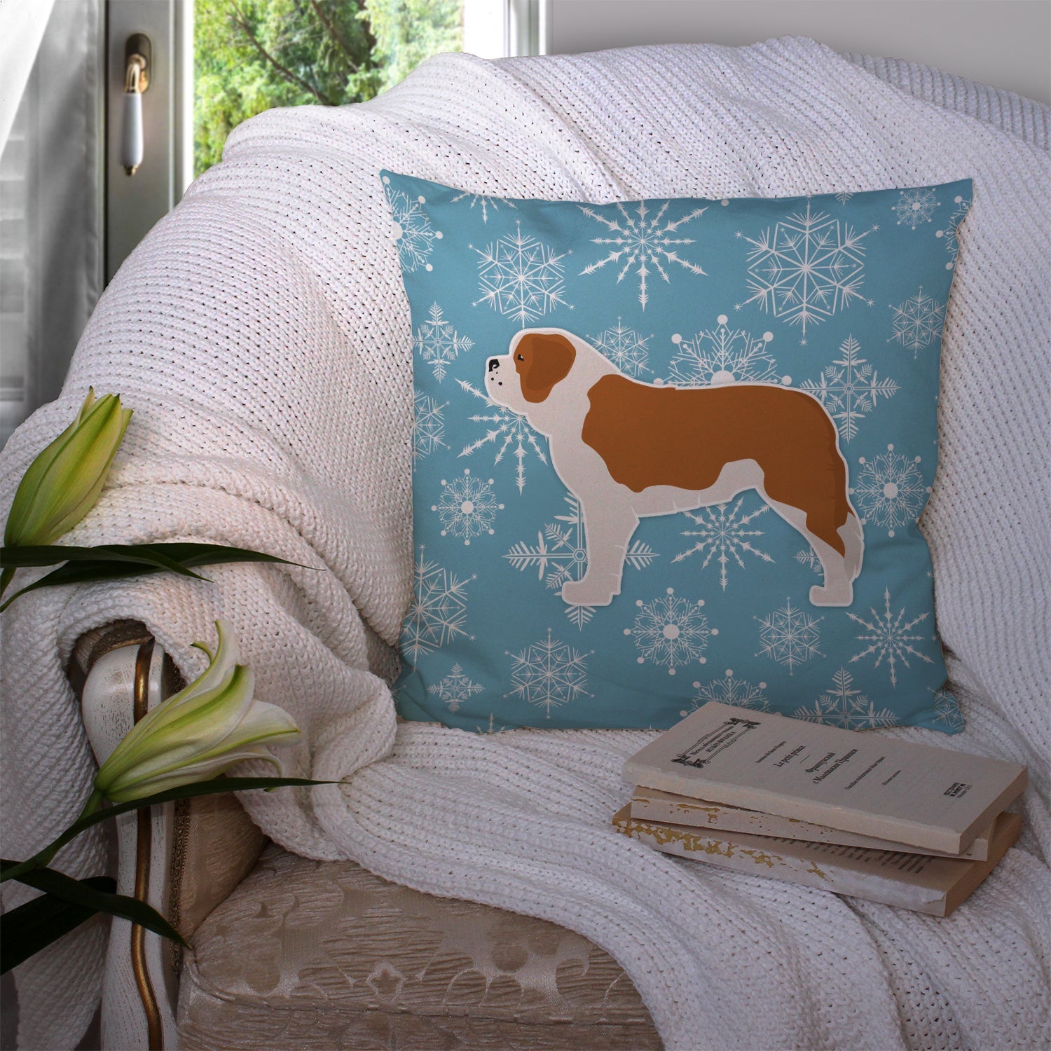 Winter Snowflake Saint Bernard Decorative Throw Pillow 14x14 Indoor Outdoor Accent Cushion, Fabric Cover with Insert for Sofa, Bed, Porch & Living Room