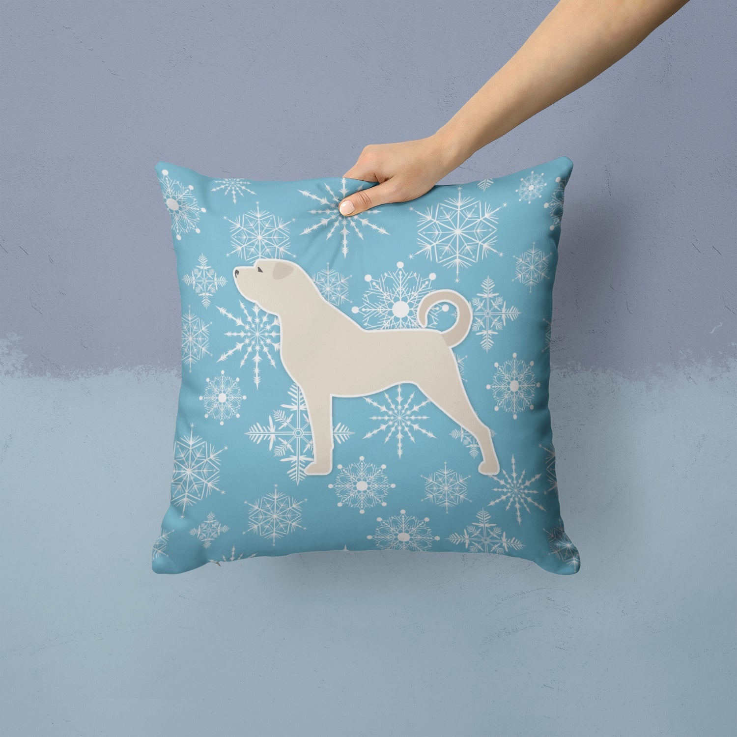 Winter Snowflake Anatolian Shepherd Decorative Throw Pillow 14x14 Indoor Outdoor Accent Cushion, Fabric Cover with Insert for Sofa, Bed, Porch & Living Room