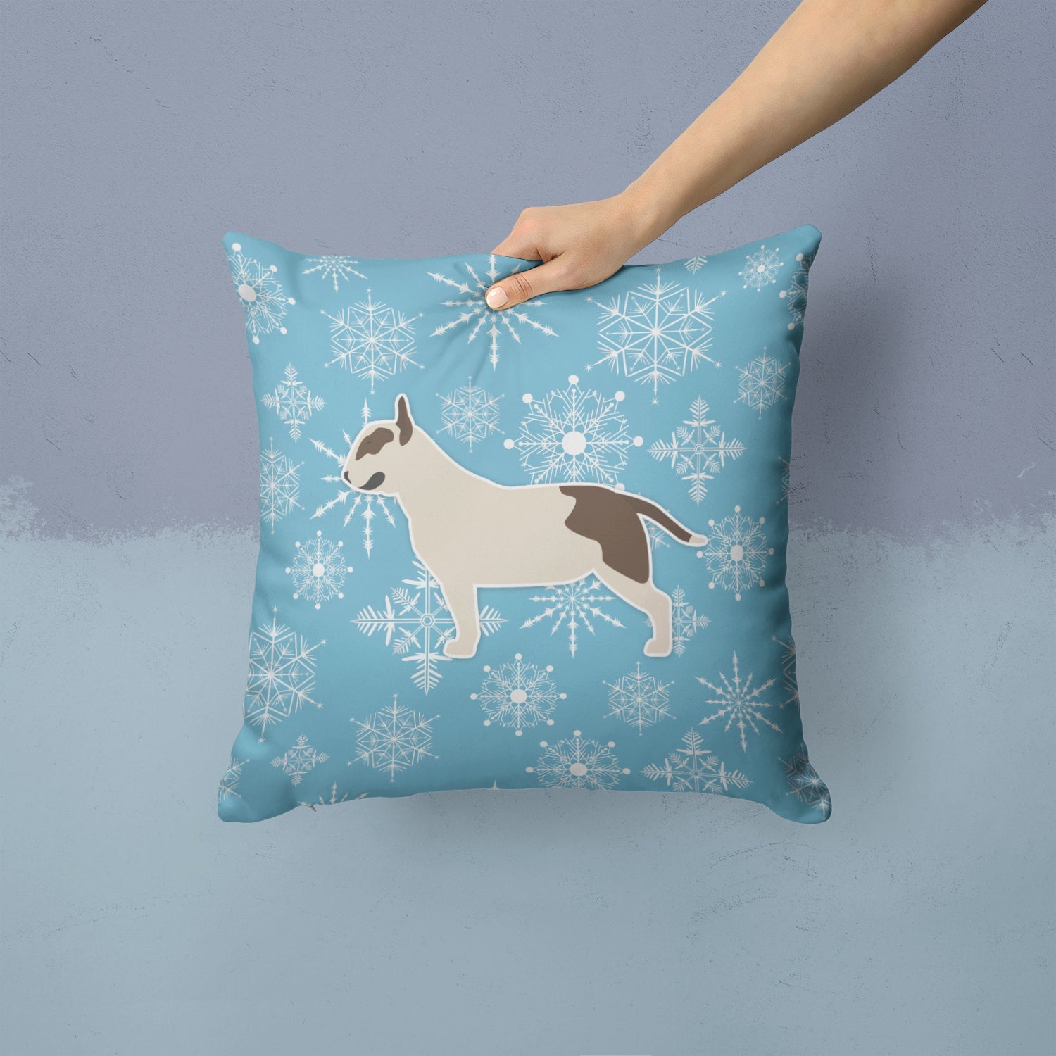 Winter Snowflake Bull Terrier Decorative Throw Pillow 14x14 Indoor Outdoor Accent Cushion, Fabric Cover with Insert for Sofa, Bed, Porch & Living Room