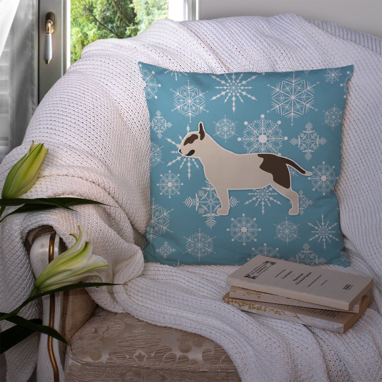 Winter Snowflake Bull Terrier Decorative Throw Pillow 14x14 Indoor Outdoor Accent Cushion, Fabric Cover with Insert for Sofa, Bed, Porch & Living Room
