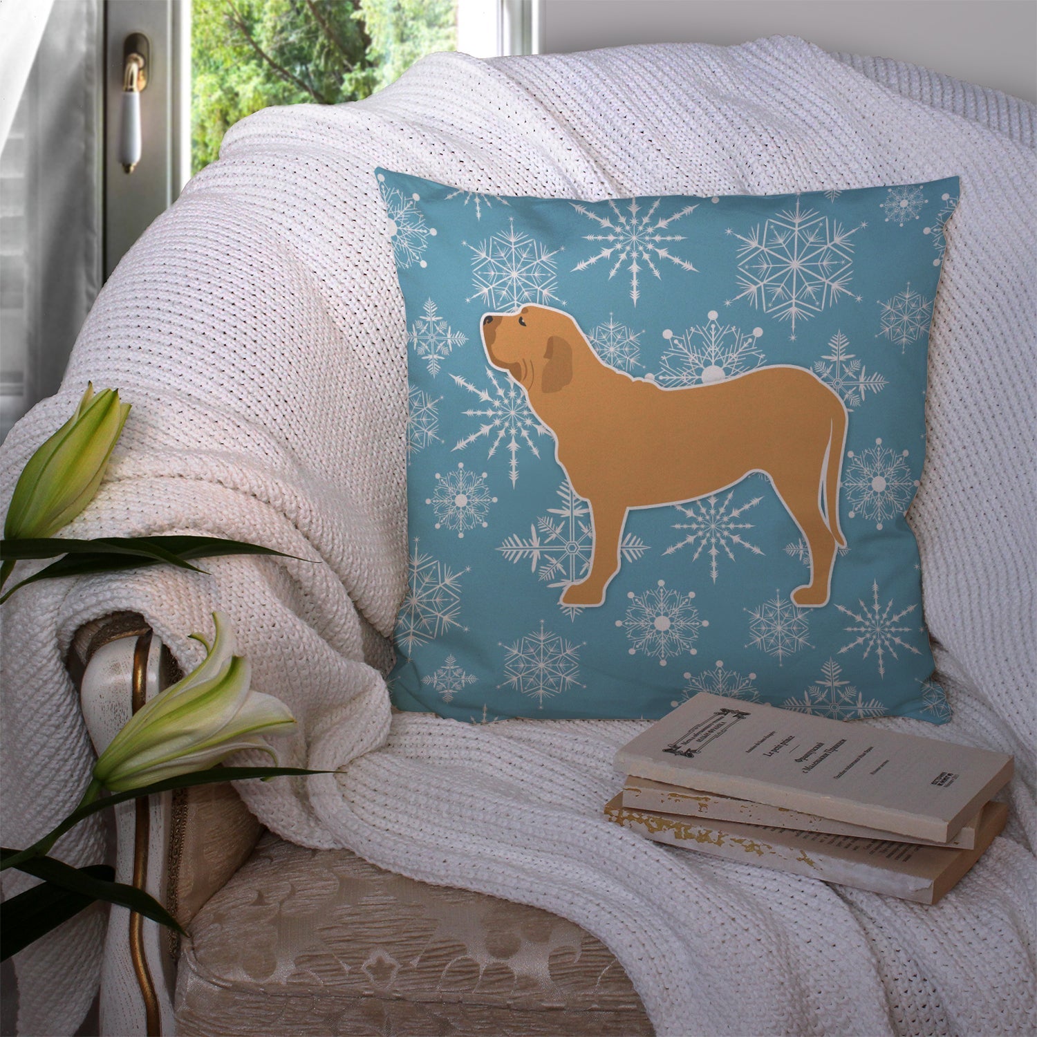 Winter Snowflake Fila Brasileiro Decorative Throw Pillow 14x14 Indoor Outdoor Accent Cushion, Fabric Cover with Insert for Sofa, Bed, Porch & Living Room