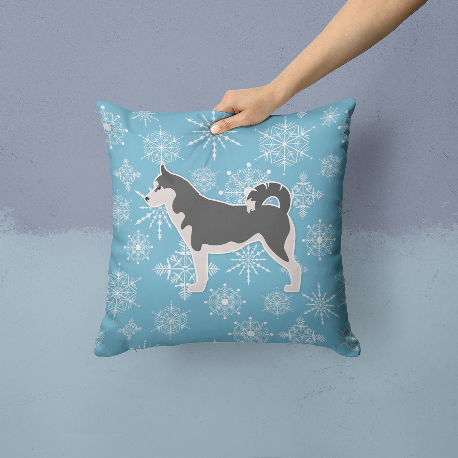 Winter Snowflake Siberian Husky Decorative Throw Pillow 14x14 Indoor Outdoor Accent Cushion, Fabric Cover with Insert for Sofa, Bed, Porch & Living Room