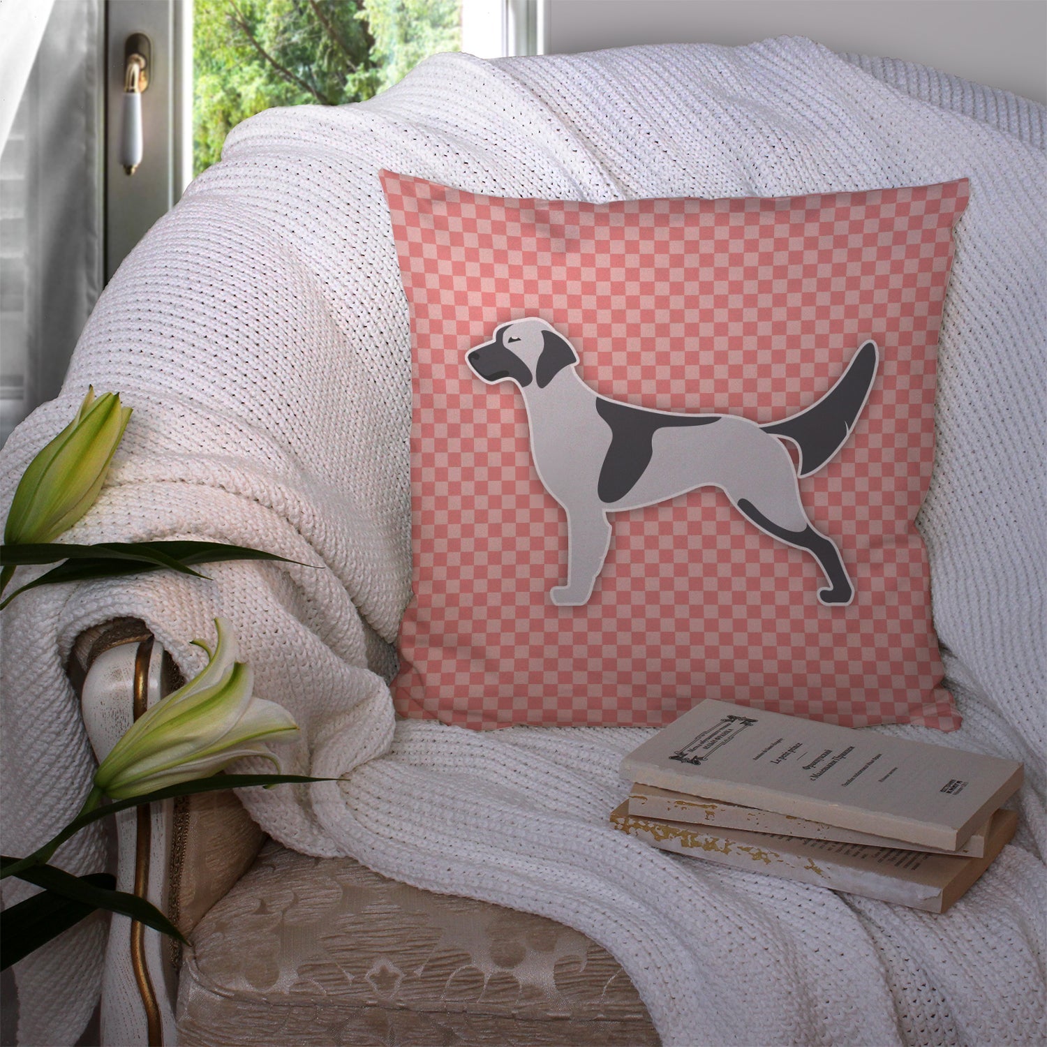 English Setter Checkerboard Pink Decorative Throw Pillow 14x14 Indoor Outdoor Accent Cushion, Fabric Cover with Insert for Sofa, Bed, Porch & Living Room