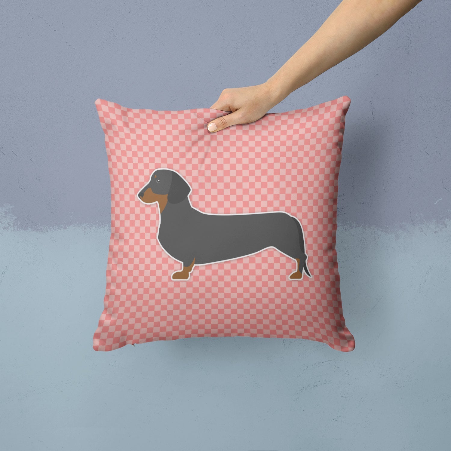 Dachshund Checkerboard Pink Decorative Throw Pillow 14x14 Indoor Outdoor Accent Cushion, Fabric Cover with Insert for Sofa, Bed, Porch & Living Room