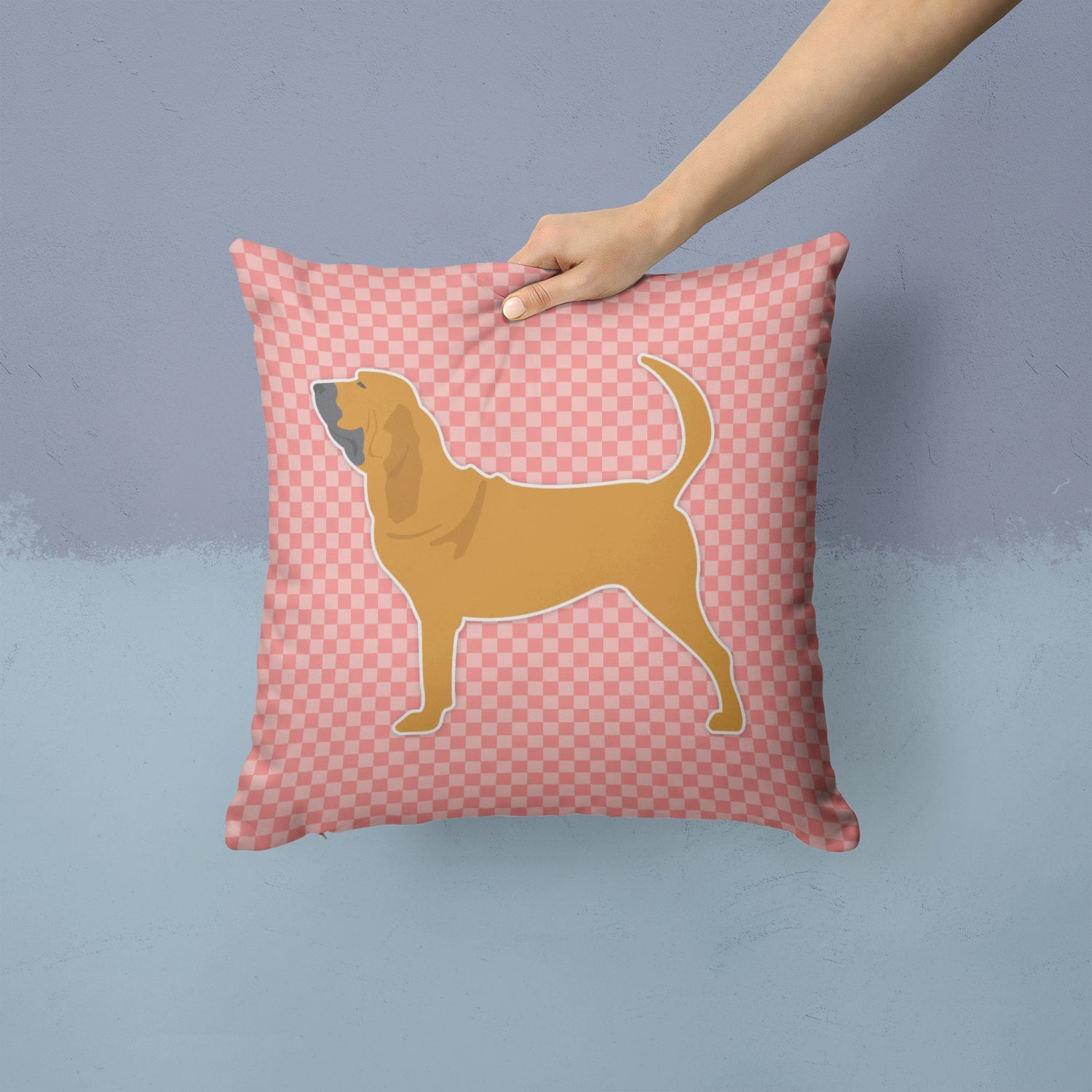 Bloodhound Checkerboard Pink Decorative Throw Pillow 14x14 Indoor Outdoor Accent Cushion, Fabric Cover with Insert for Sofa, Bed, Porch & Living Room