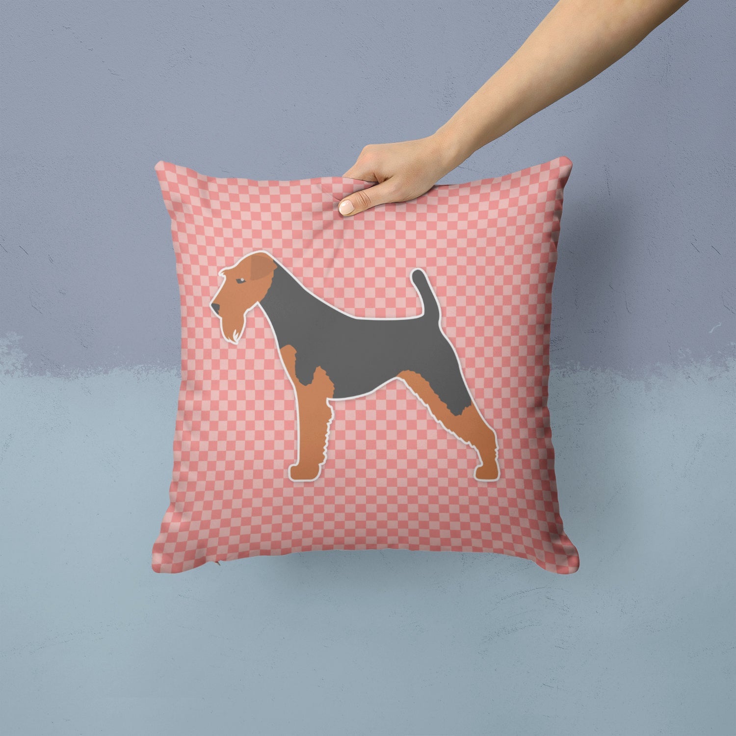 Welsh Terrier Checkerboard Pink Decorative Throw Pillow 14x14 Indoor Outdoor Accent Cushion, Fabric Cover with Insert for Sofa, Bed, Porch & Living Room