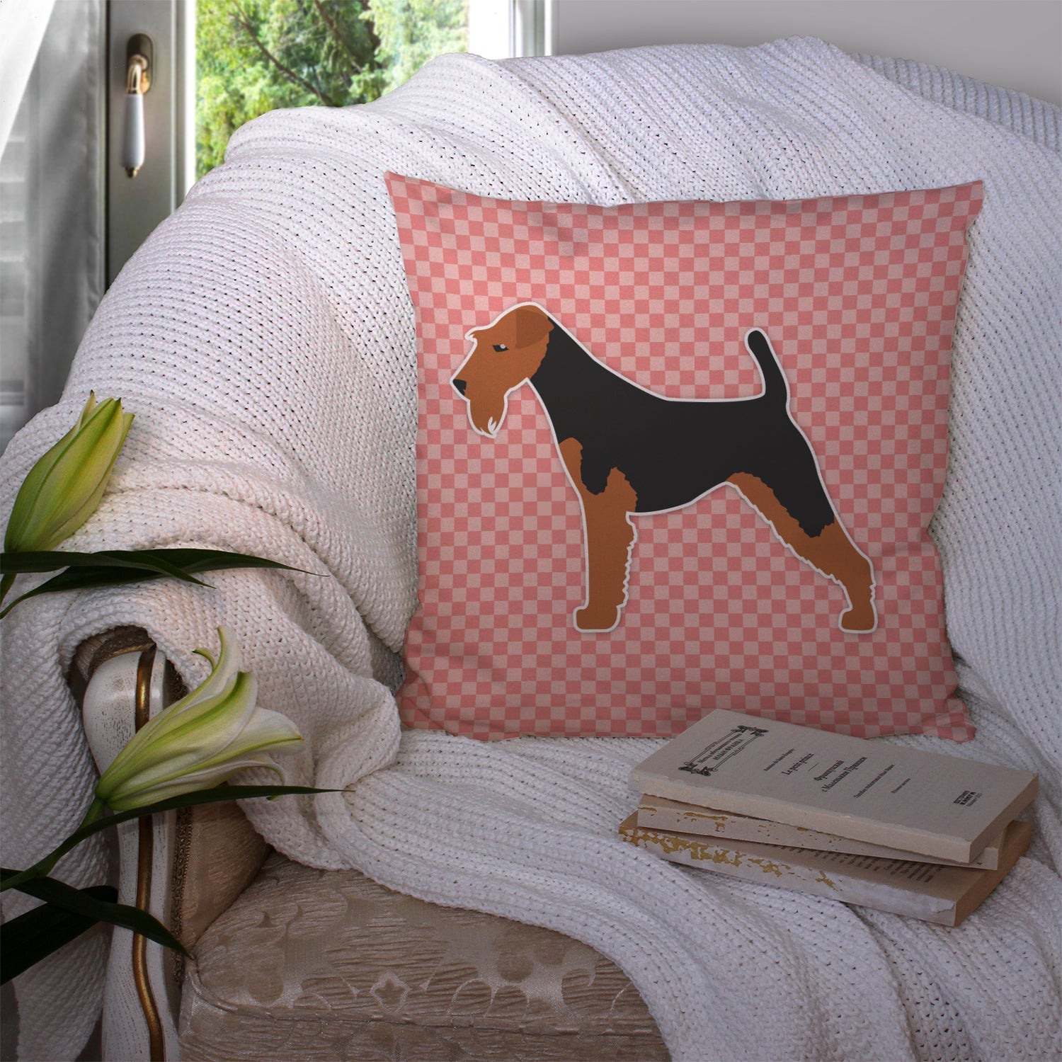 Welsh Terrier Checkerboard Pink Decorative Throw Pillow 14x14 Indoor Outdoor Accent Cushion, Fabric Cover with Insert for Sofa, Bed, Porch & Living Room
